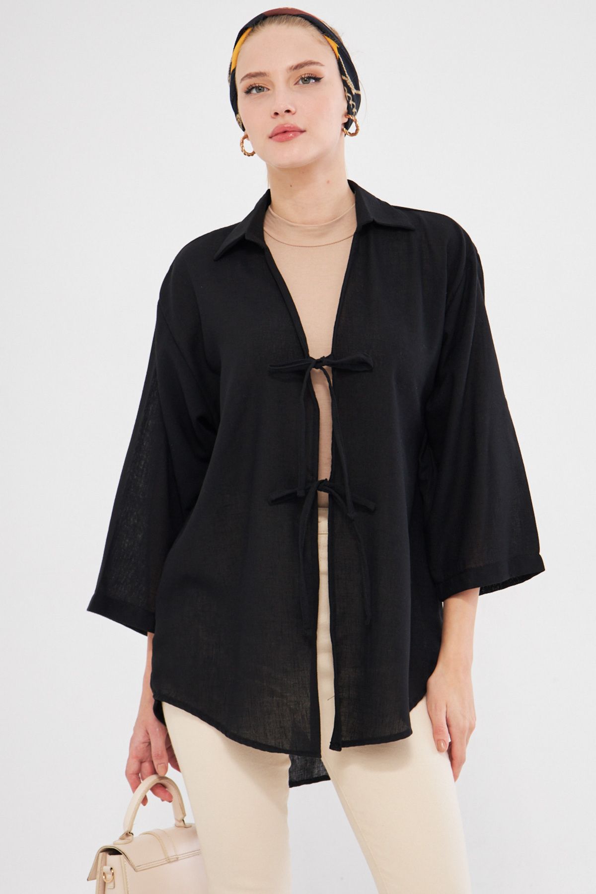 Kimono Shirt with Lacked on the front with women black shirt collar ARM-25K001006