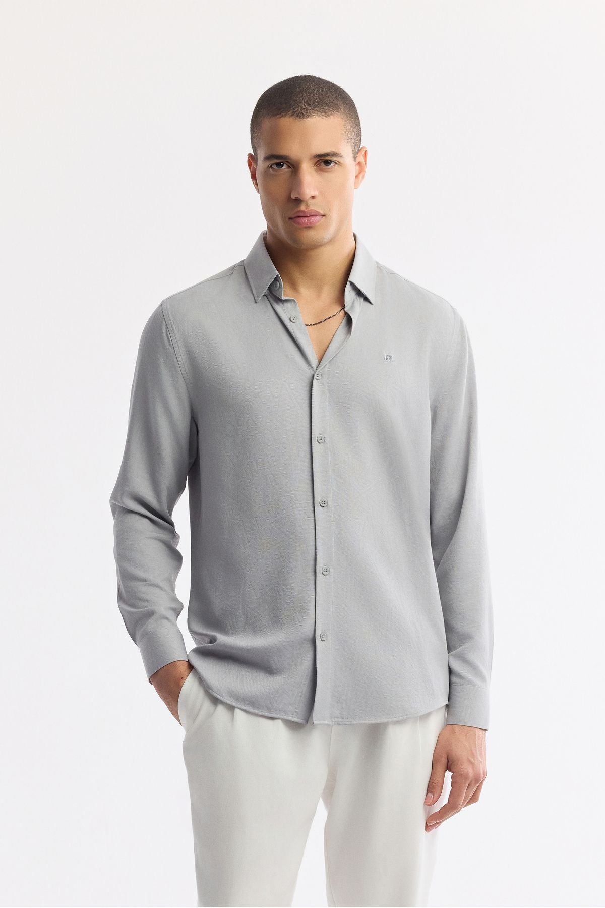 Men's gray bottom Brit with British Viscose Mixed Jacquar Comfort Fit Long Sleeve Shirt A51Y2043