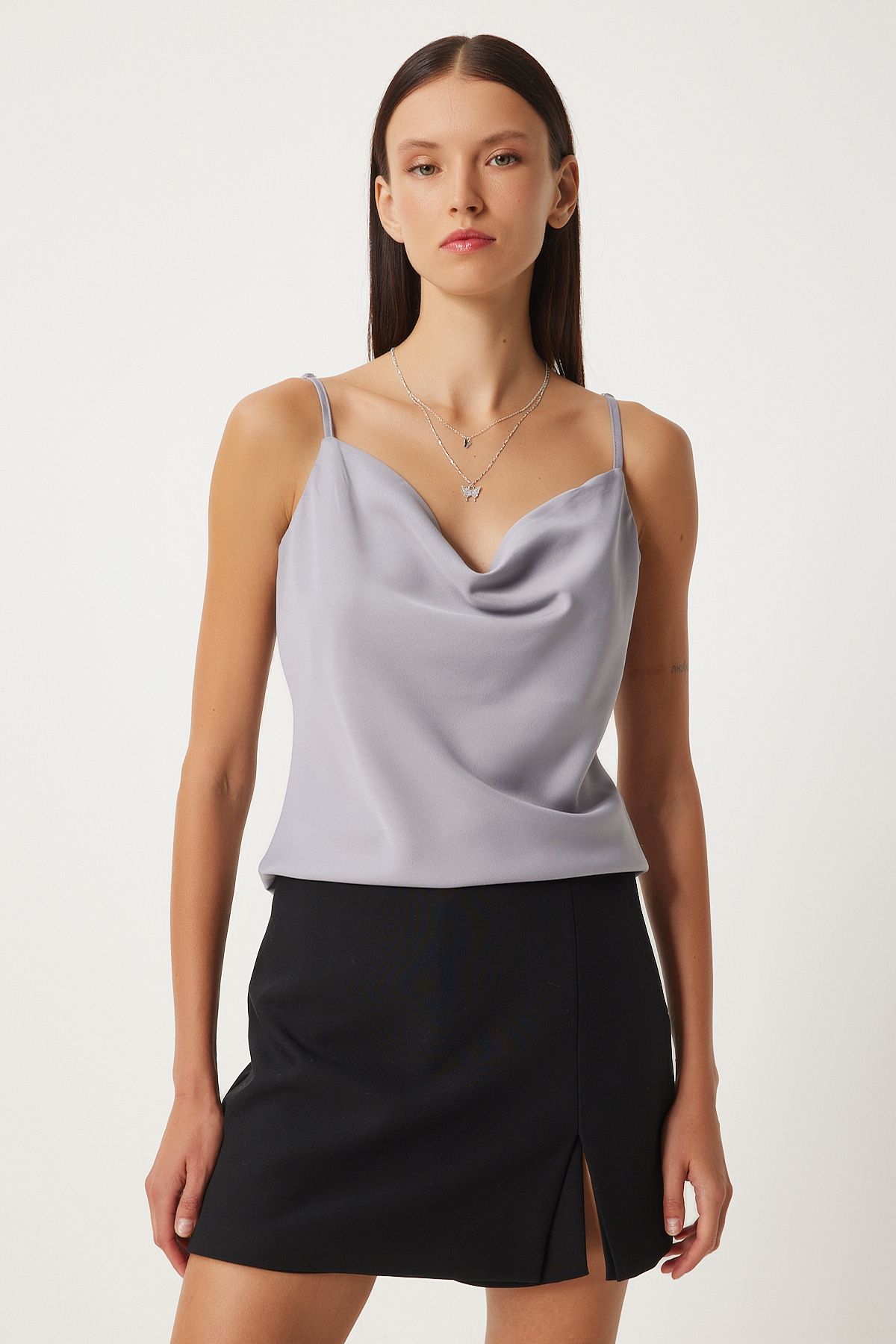 Female Gray Satin Surface Degage collar weaving blouse FN03354