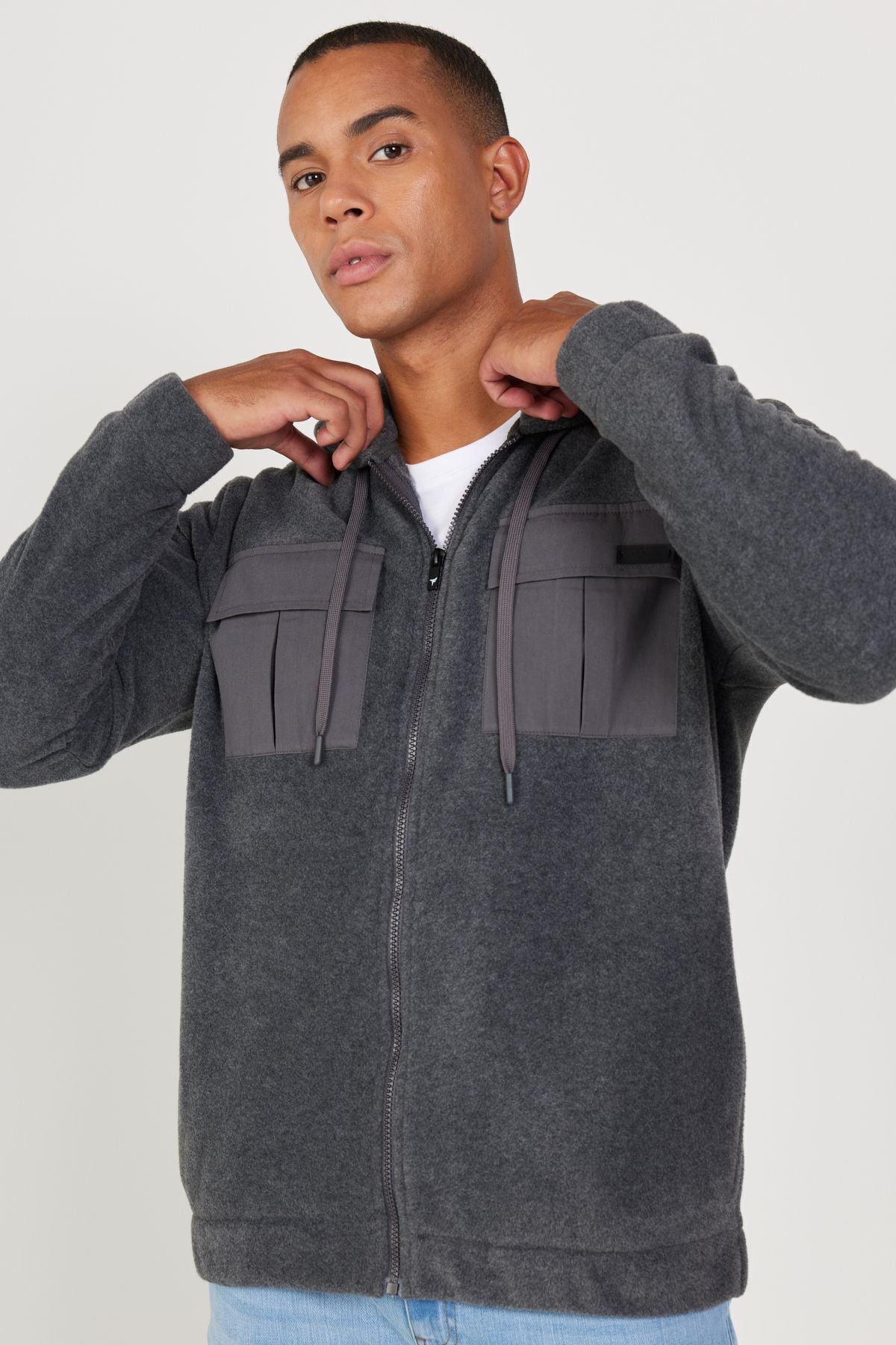 Men's anthracit-melanj standard fit normal cutting hooded polar sweatshirt jacket
