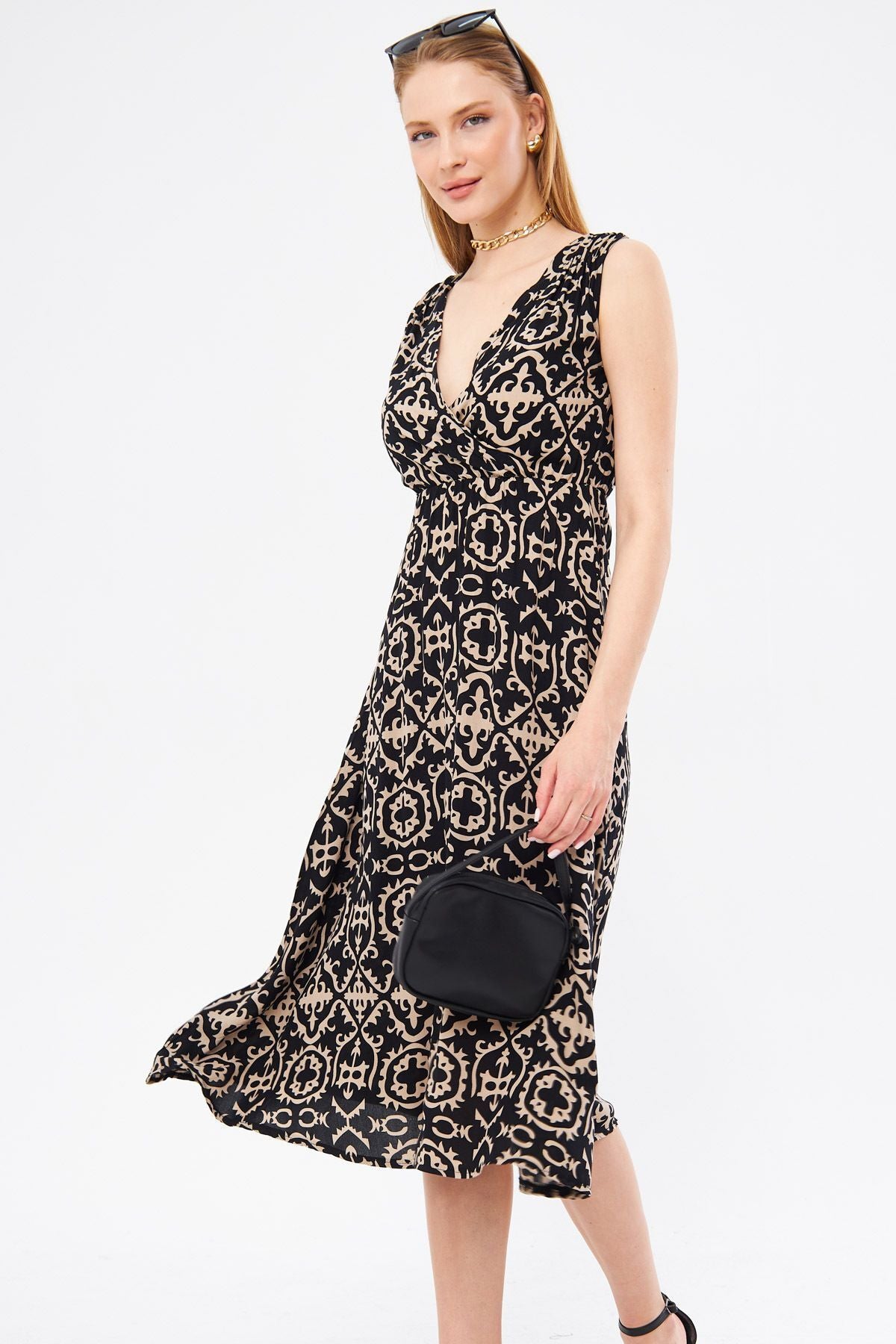 Female Black Patterned Waist and Shooter Cruve Cruve Yaka Midi Skirt Dress ARM-24Y001052