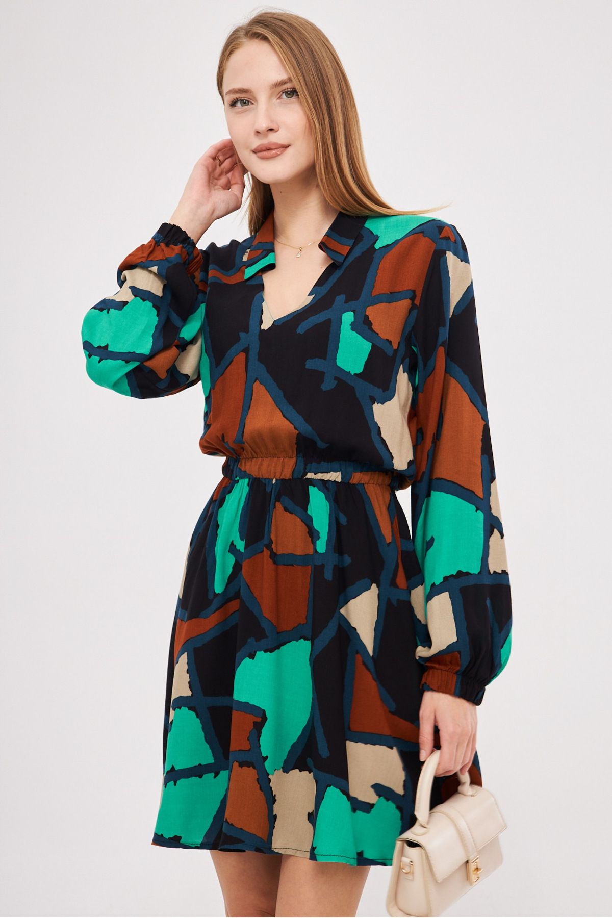 Female turquoise shirt collar detailed waist arm tire closes dress ARM-25K001043