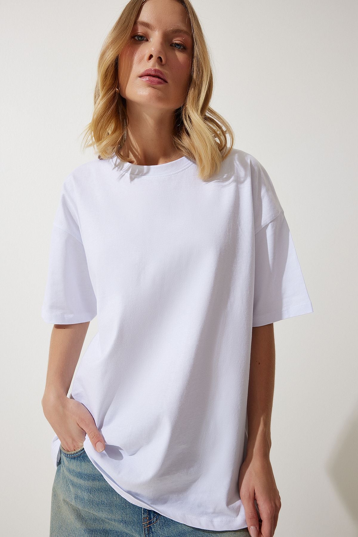 Woman White Bike Neck Basic Oversize Knitting T-Shirt BF00091
