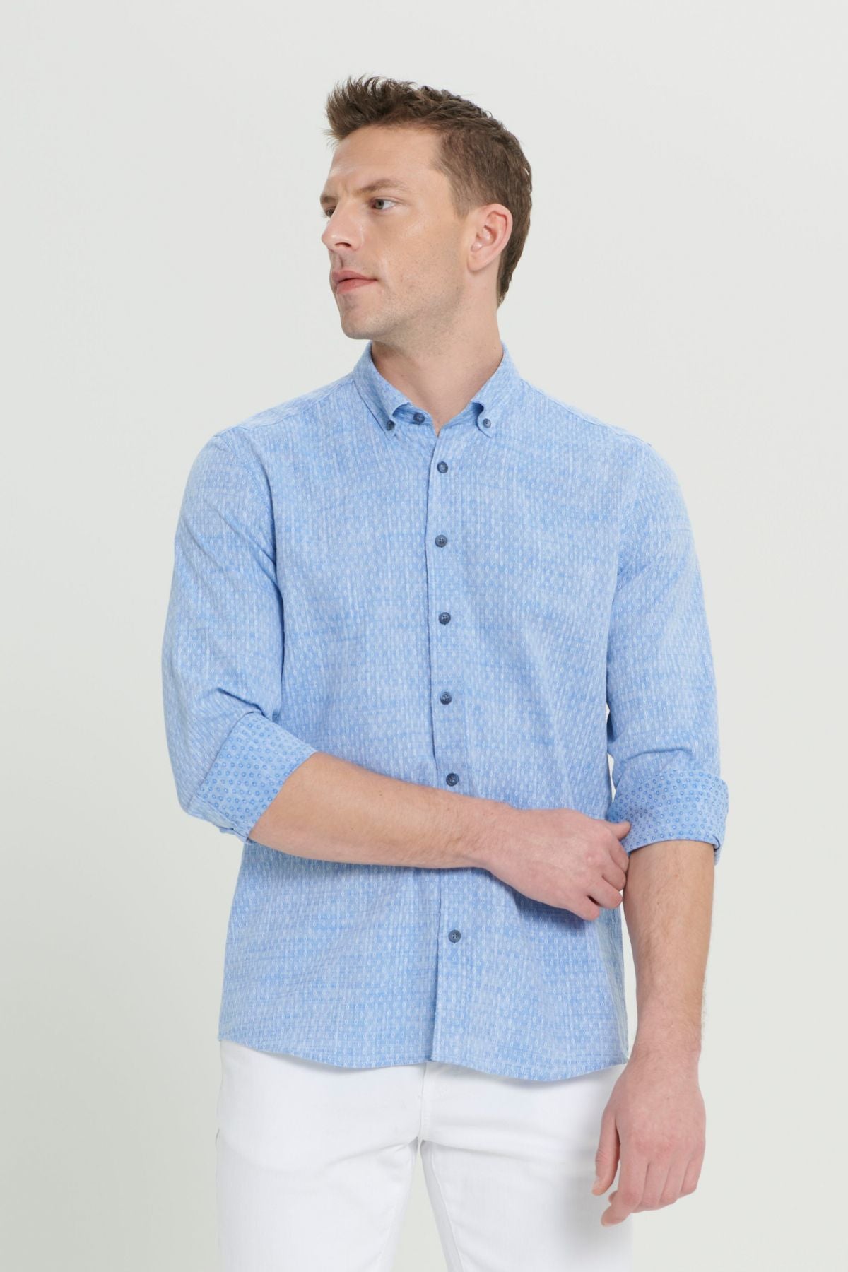 Men's Blue Slim Fit Narrow Cut 100 %Cotton Ameful Buttoned Buttoned Neck Casual Shirt