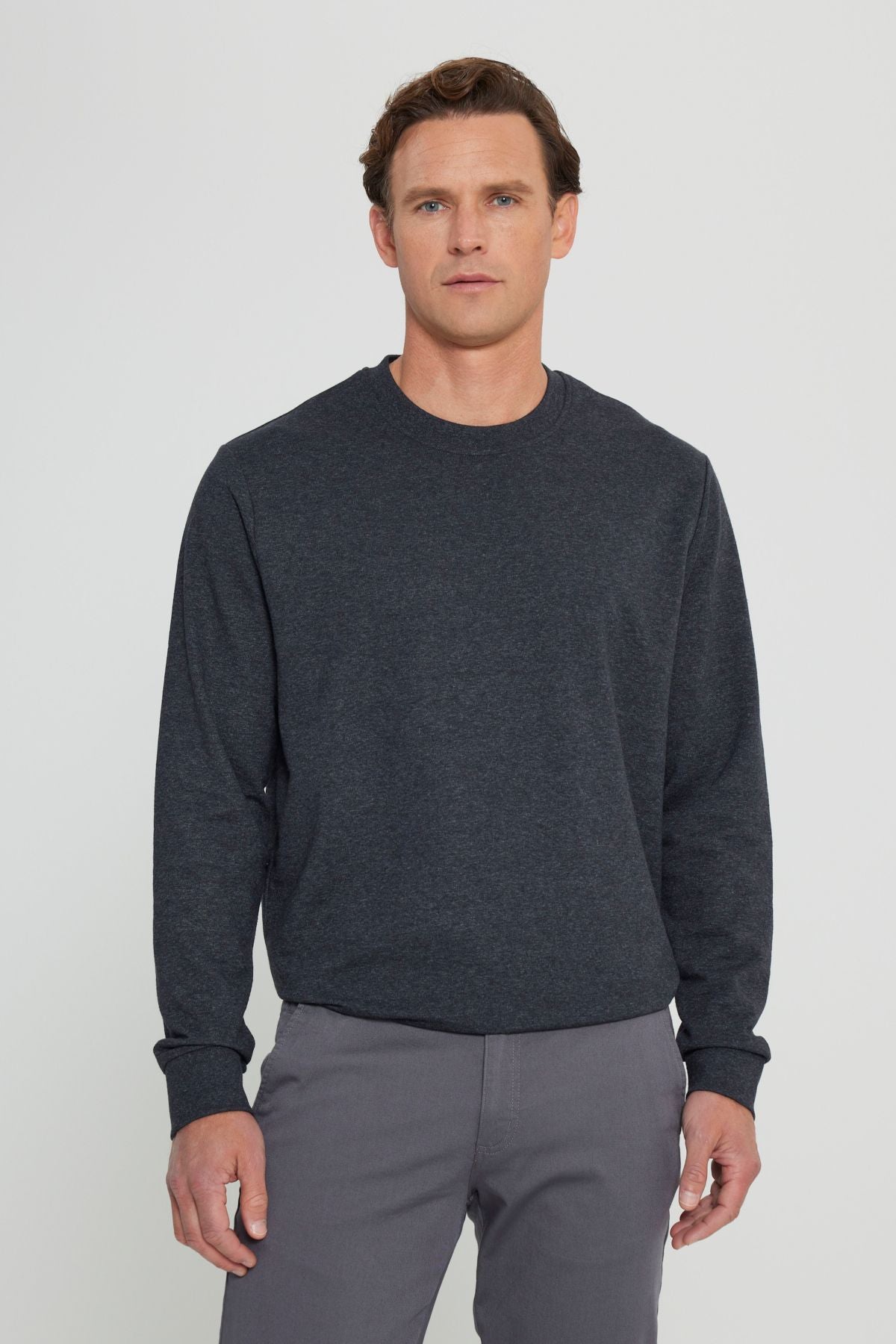 Men's anthracit-melanj standard fit normal cut 2 yarn recycle cotton bike collar sweatshirt