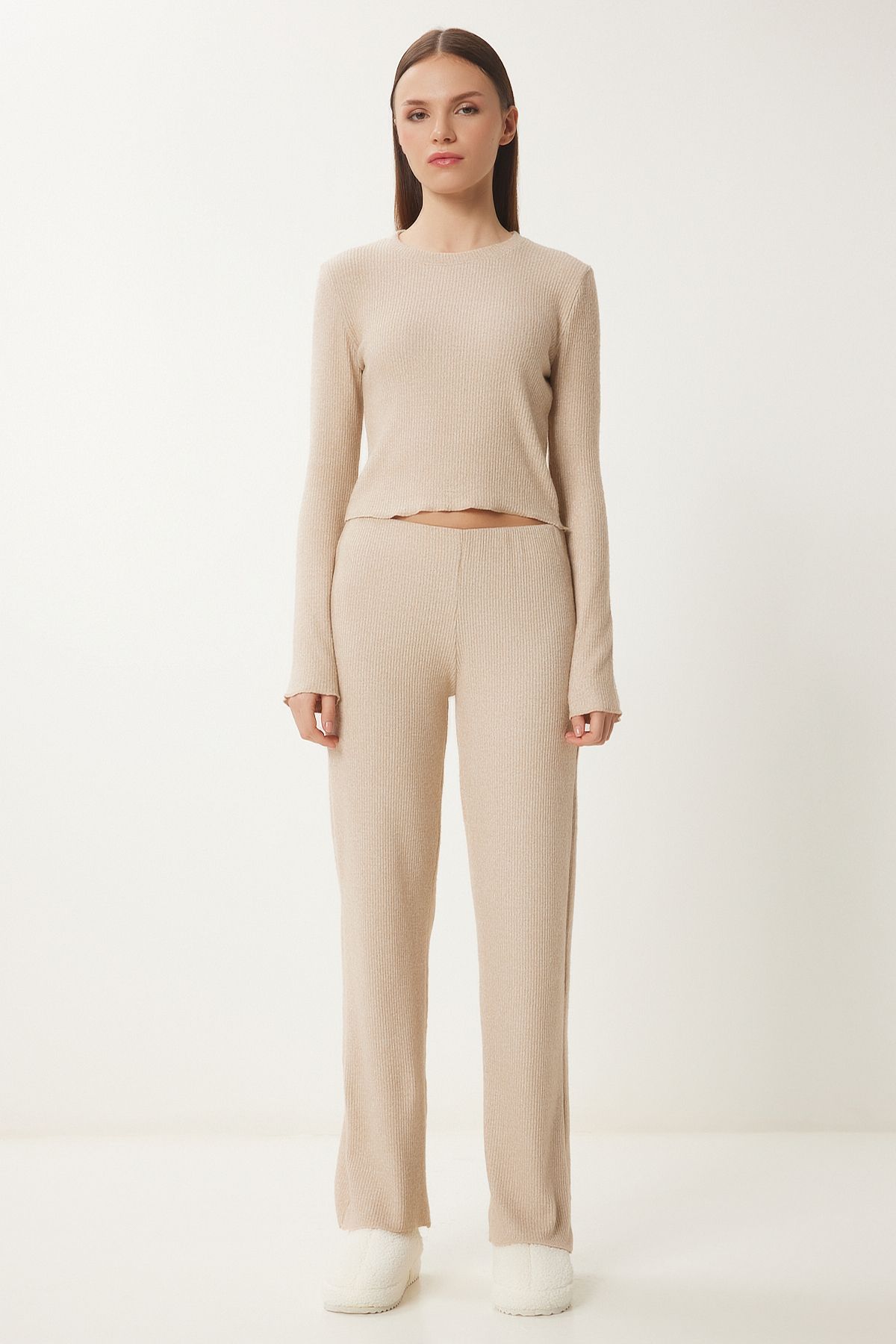 Woman Beige Yumoş Crop abundant trousers knitting set an00222