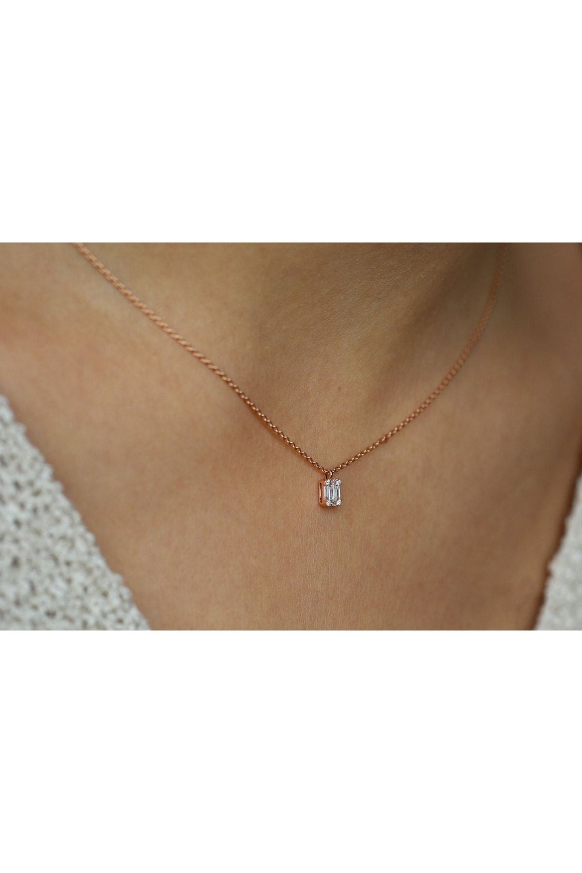 Minimal White Baguette Stone 14 K Rose Gold Plated Women Necklace