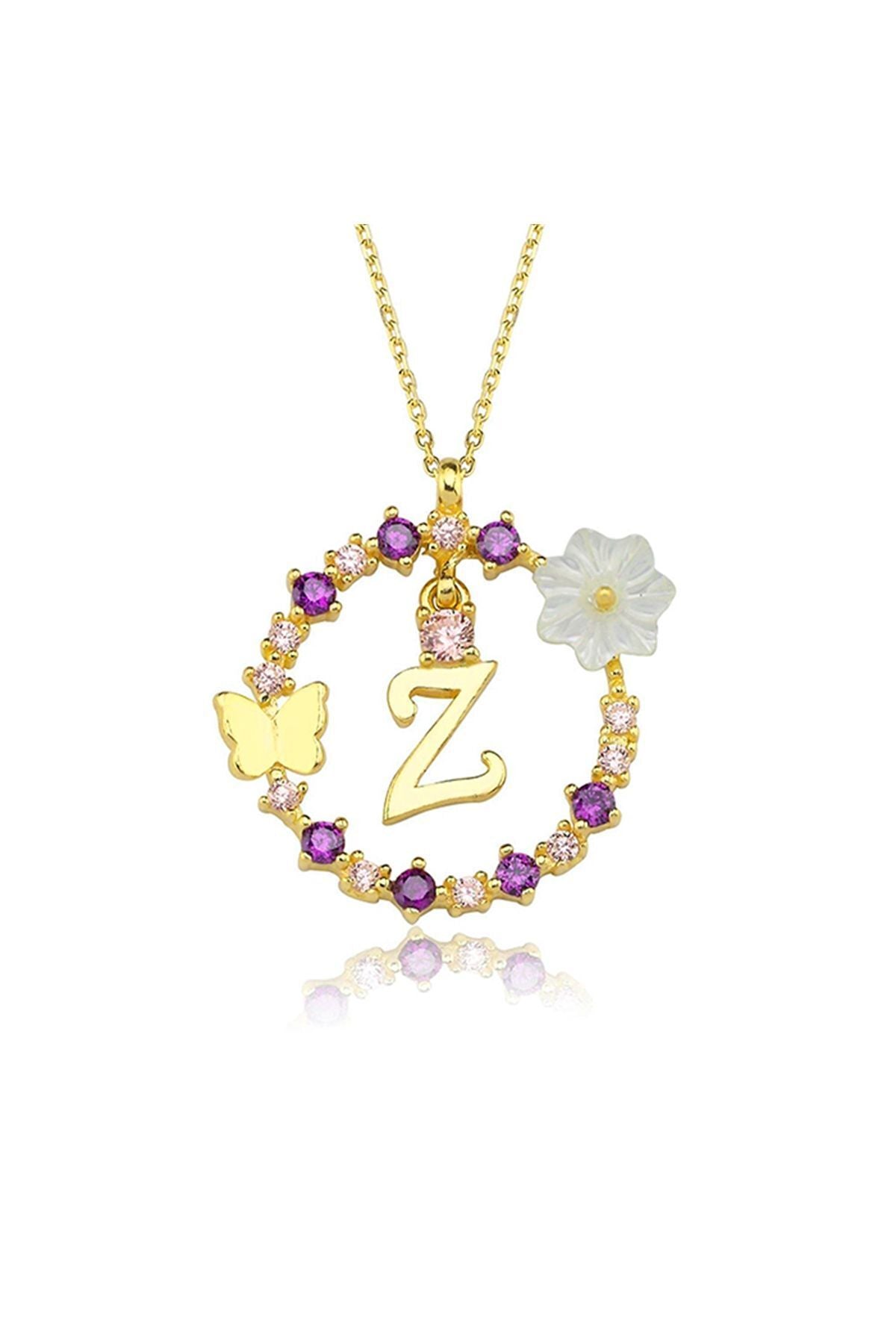 Magnolia Flower Dreams Glitter 14k Gold Z Letter Women's Necklace