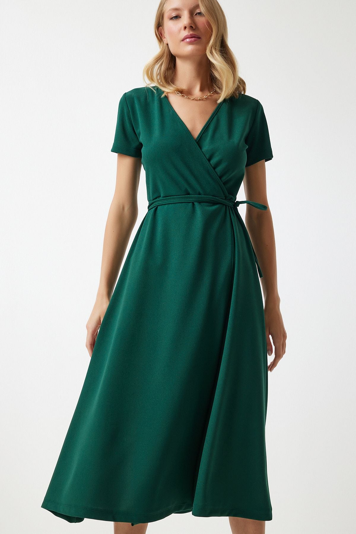Female Emerald Green V -Yaka Anvelop Midi Knitting Dress to00134