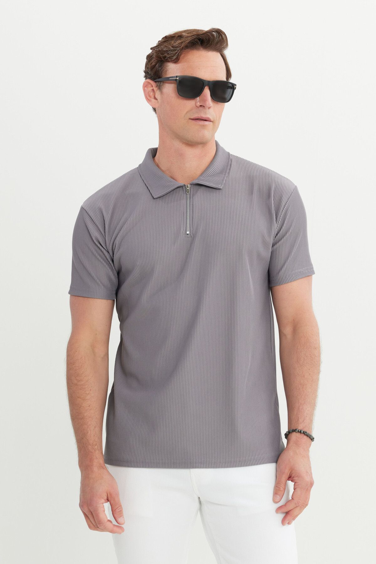 Men's Light Gray RELAX Fit Casual Cut Polo Yaka Flexible T -shirt