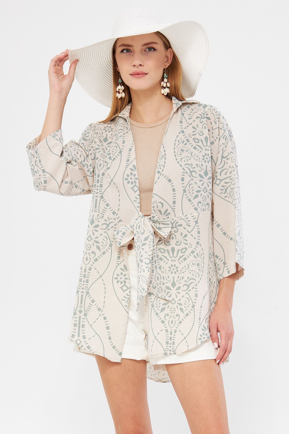 Female turquoise patterned linen-looking front-binding kimono shirt ARM-24Y001079