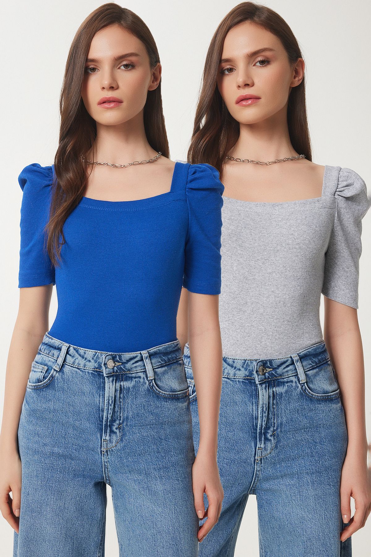 Women's Gray Melanj Dark Blue 2 Package Square Collar Crop Blouse GT00233