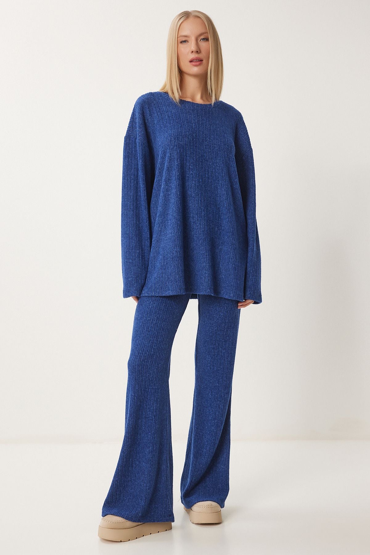 Woman Cobalt Blue Casual Wick Knitting Blouse Pants Set RG00047