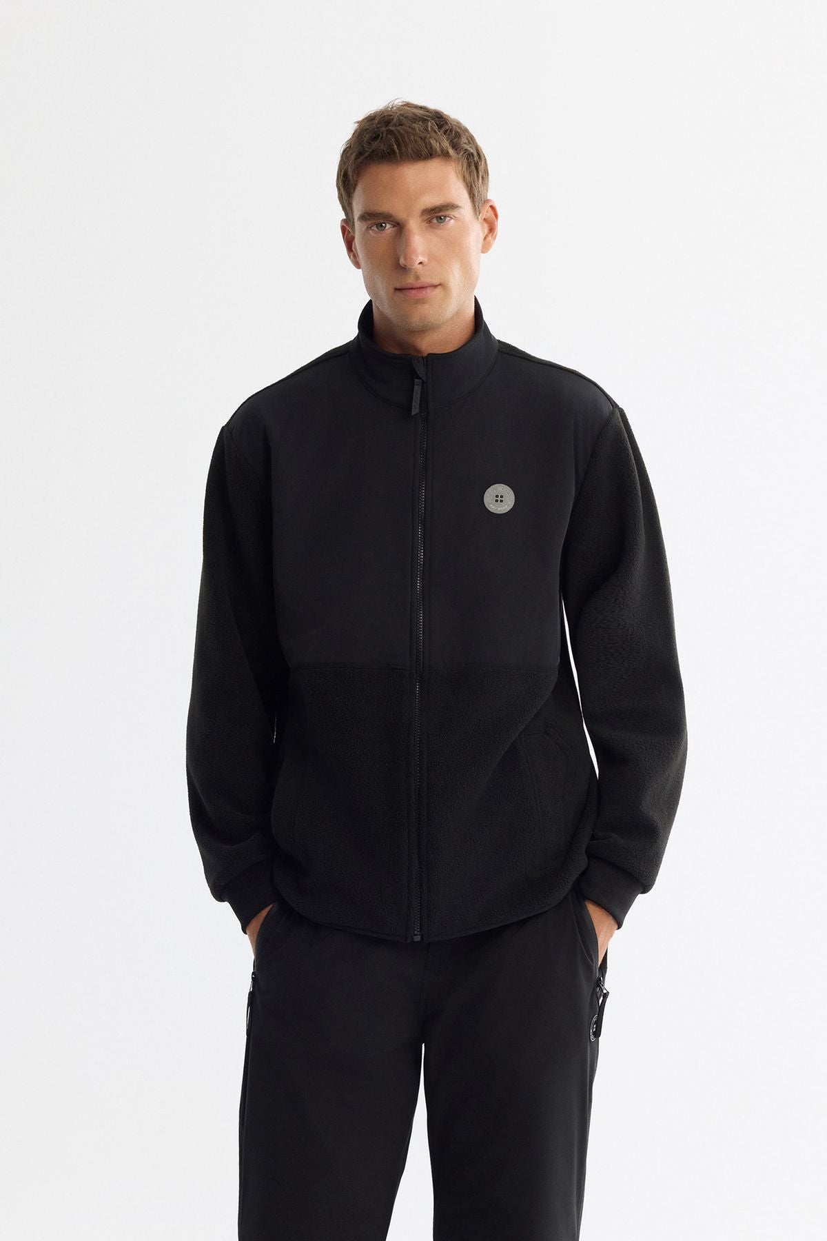 Men's black cold resistant upright collar printed zipper fleece sweatshirt A42y1311