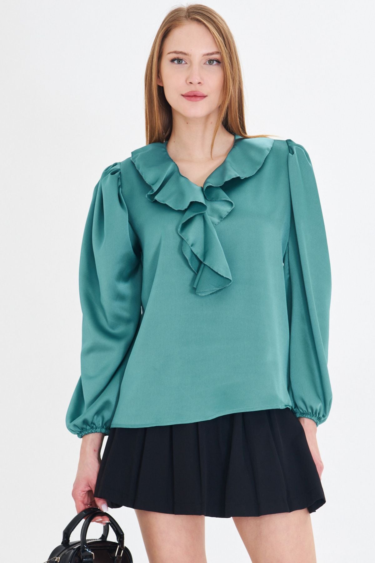Female turquoise collar frilled shoulder shirred arm rubber Satin blouse ARM-22K001059
