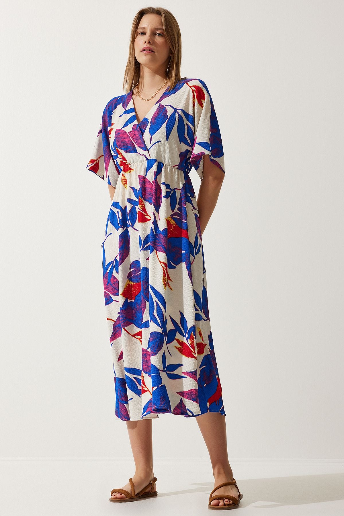 Woman Ecru Blue Anvelop Yaka Patterned Knitting Dress DK00167