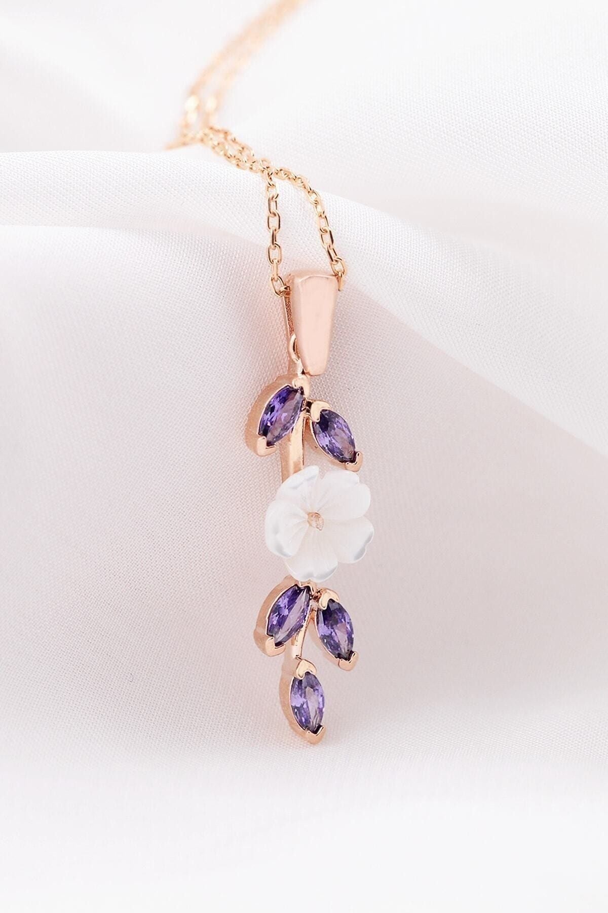 Magnolia Purple Stone Long Model 14 K Rose Gold Plated Women Necklace