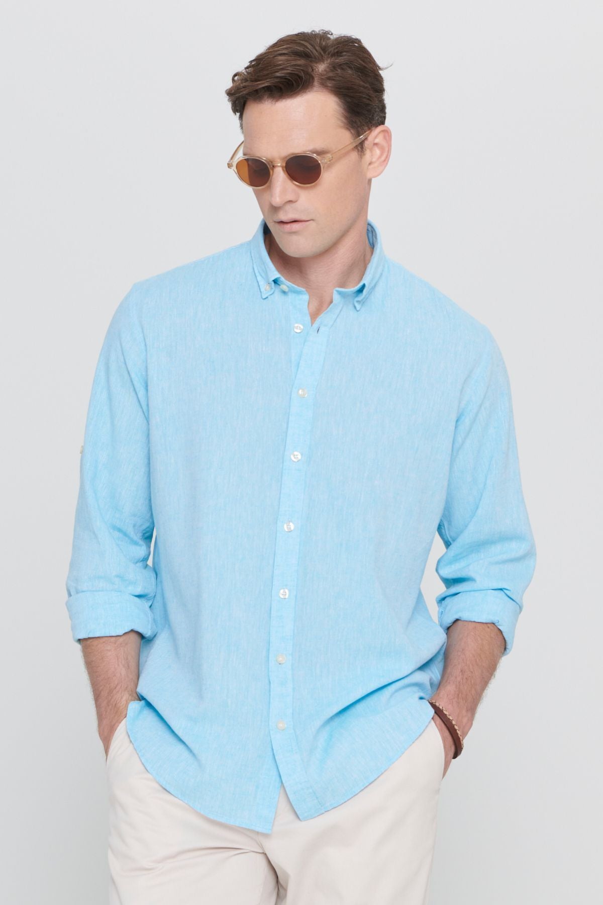 Men's turquoise linen comfort fit comfortable cut buttoned collar casual shirt