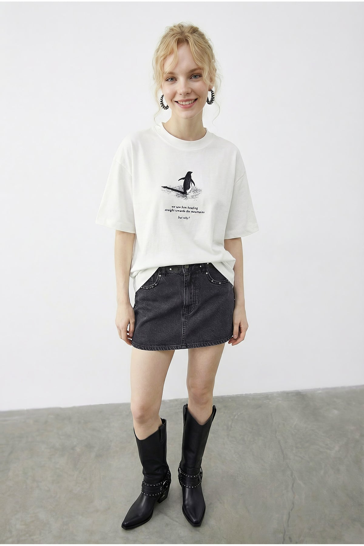 Woman But Why? Penguin Printed Oversize Cotton T-Shirt ÖT261009 60283986