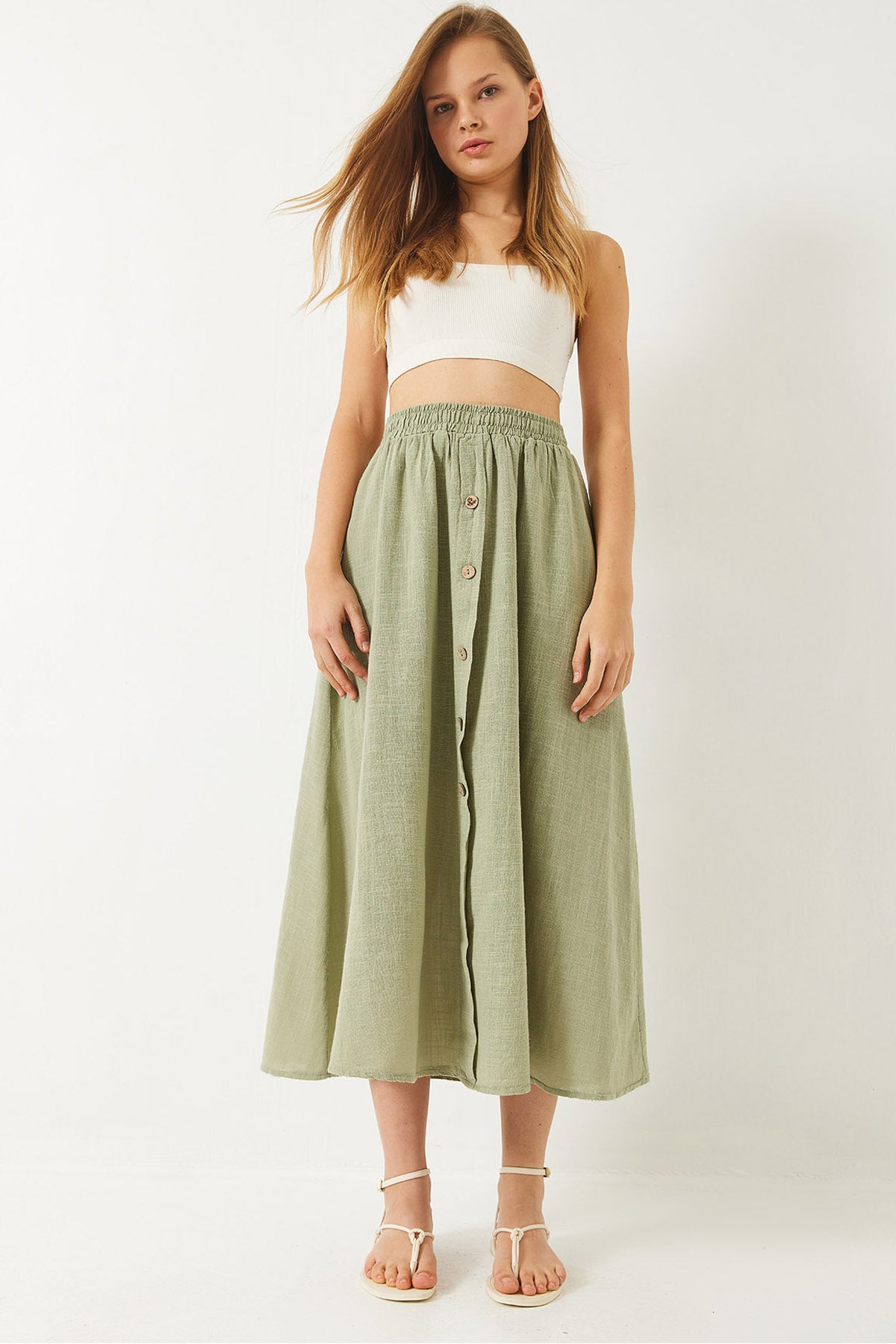Women's Button Detailed, Elastic Waist, Short Lined Linen Skirt 60261391