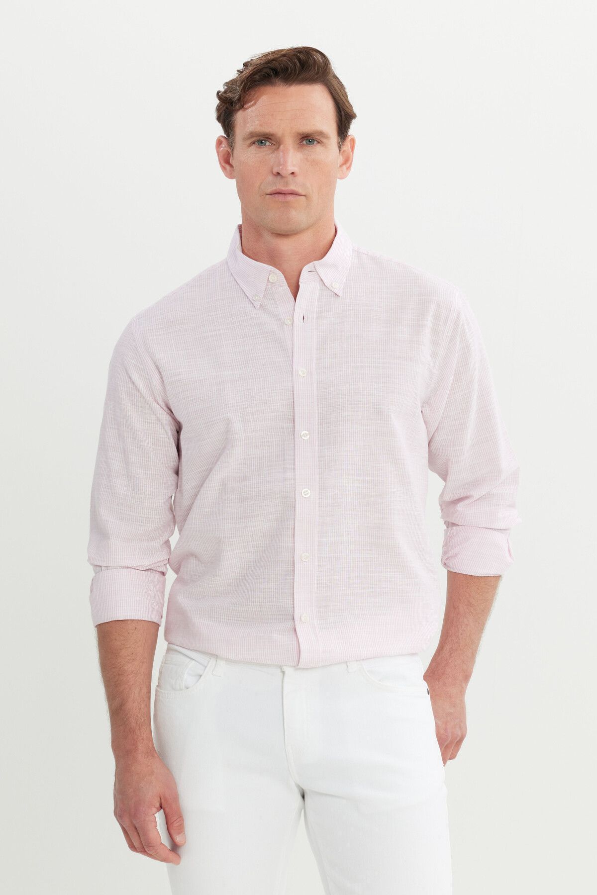 Men's powder pink 100 %cotton comfort fit comfortable cut buttoned collar striped shirt
