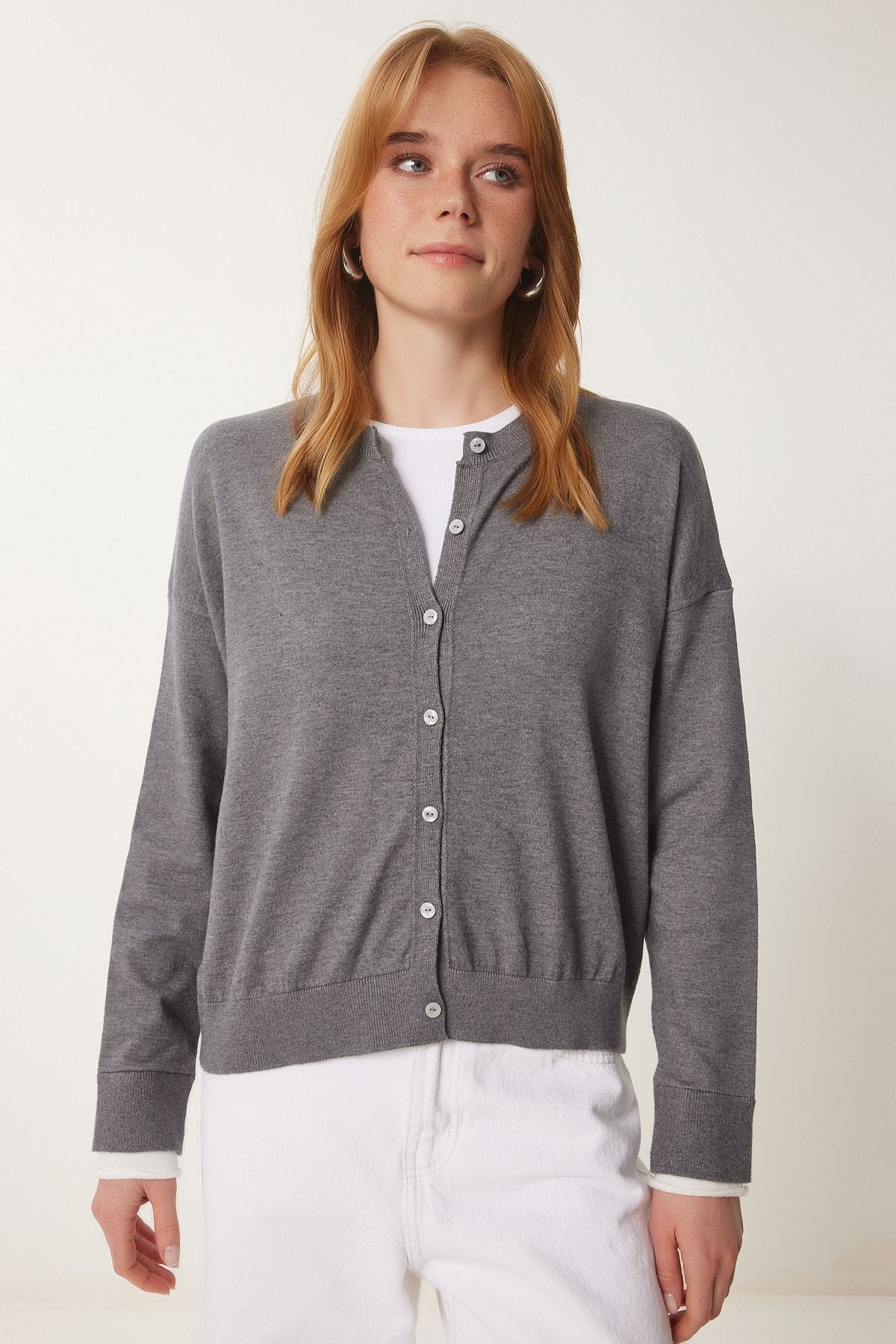 Female Gray Contrast Ribbon Detailed Seasonal Triko Cardigan US00953