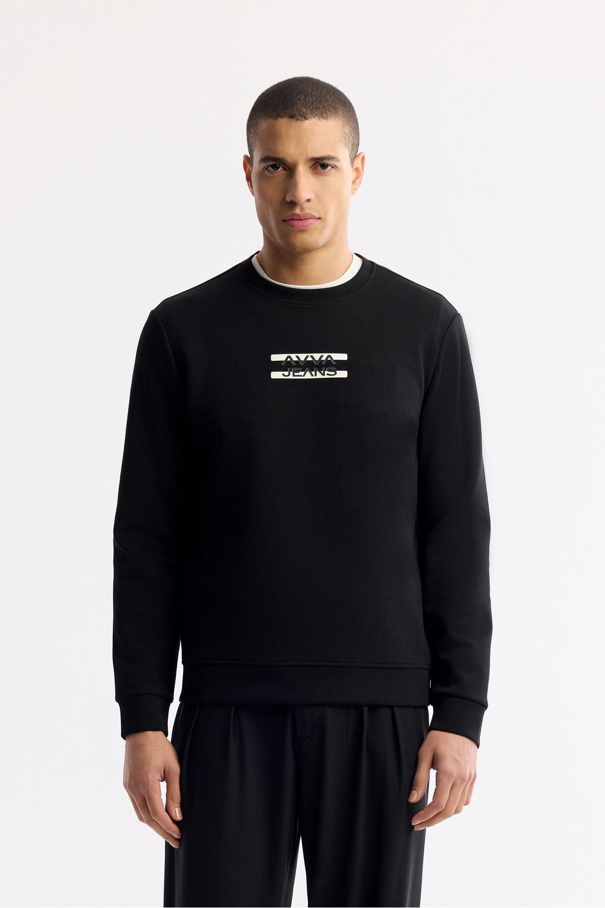 Men's Black Bicycle Collar Silicone Transfer Printed Interlok Sweatshirt A51y1204