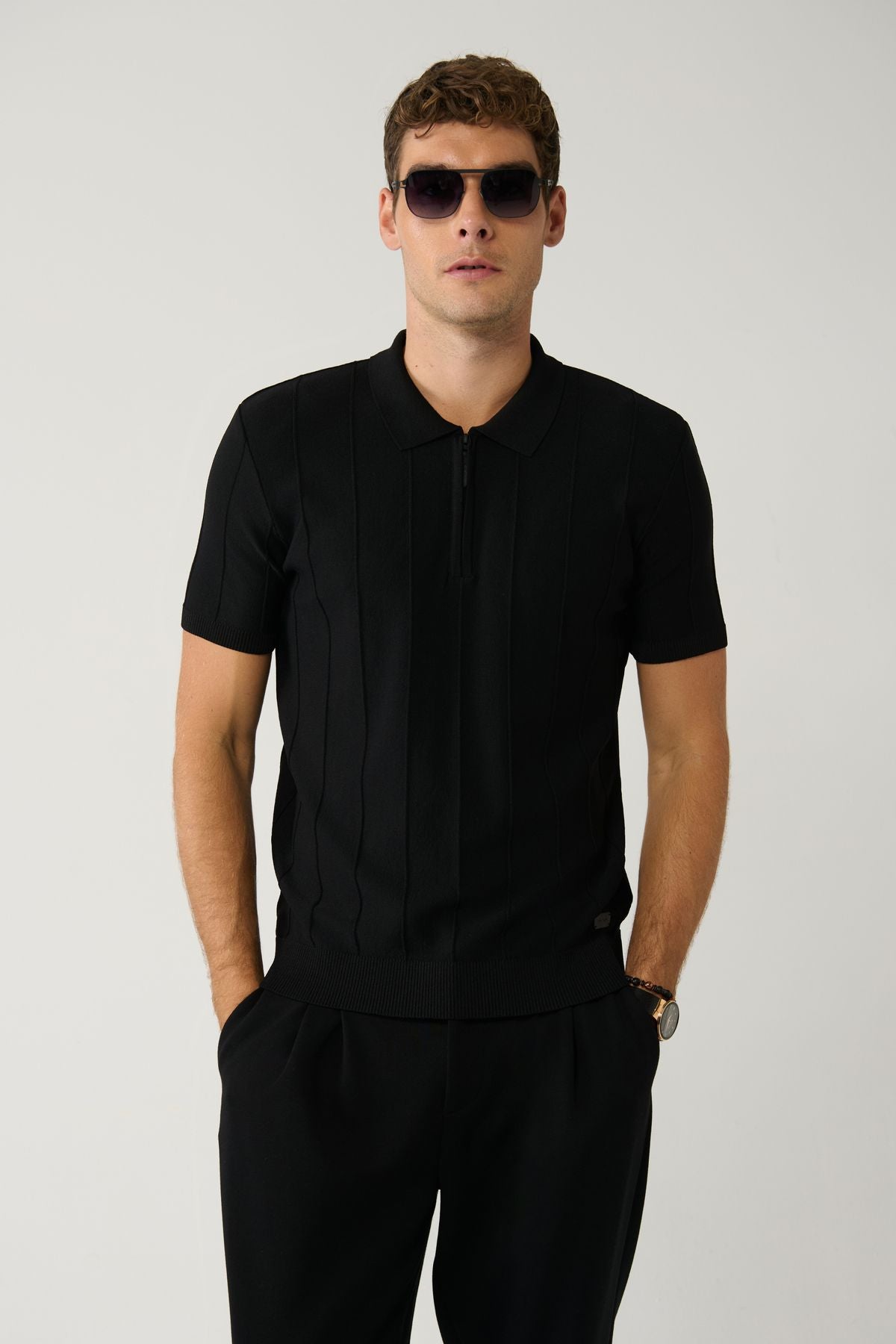 Men's black zipper rayon wick braided Polo collar knitwear T-shirt A41y5073