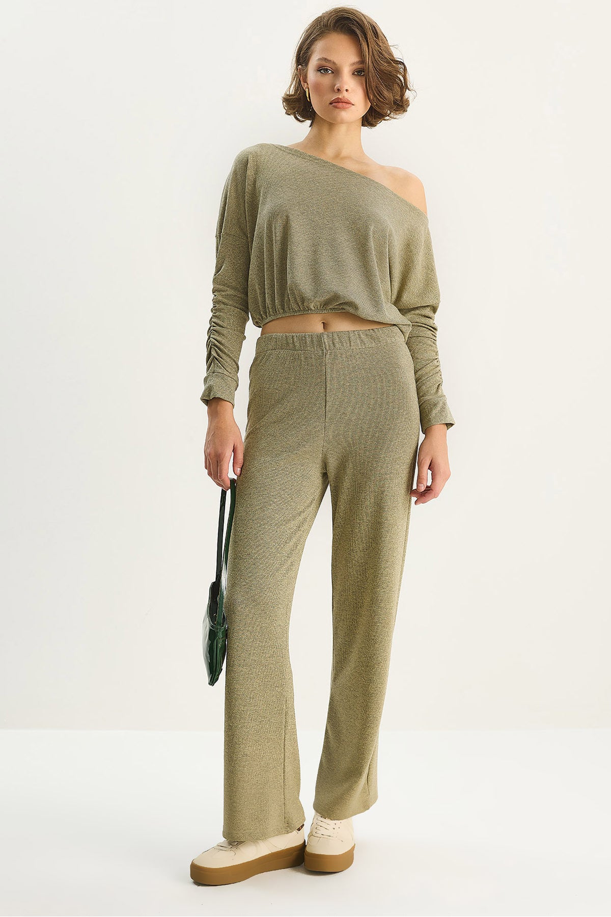 Women's Boat Neck Elastic Waist Blouse with Plenty of Trousers Silvery Bottom-Top Set 60283617