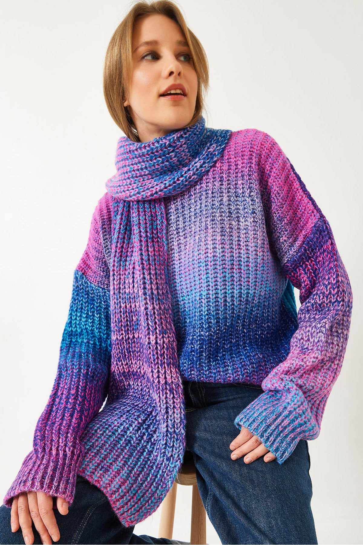 Women's Crew Neck Knitted Scarf Sweater TK241217 60261174