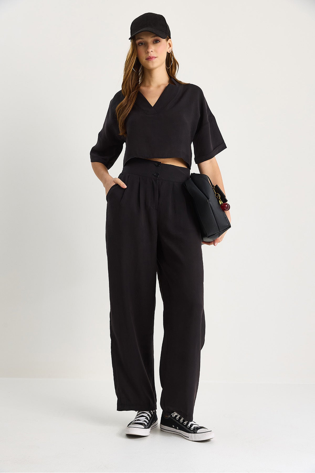 Women's V-Neck Crop Double-Button Trousers Modal Top-Bottom Suit 9330-1 60283505