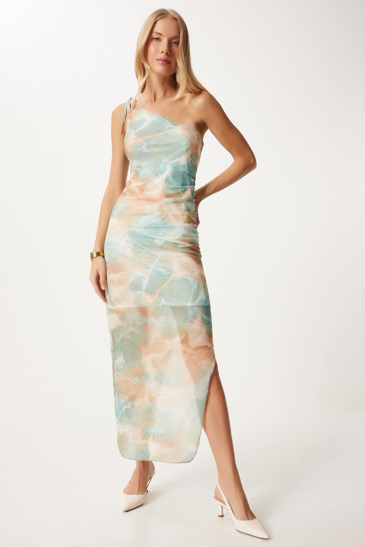 Female Water Green One Shoulder Patterned Slit Tulle Dress FN03332