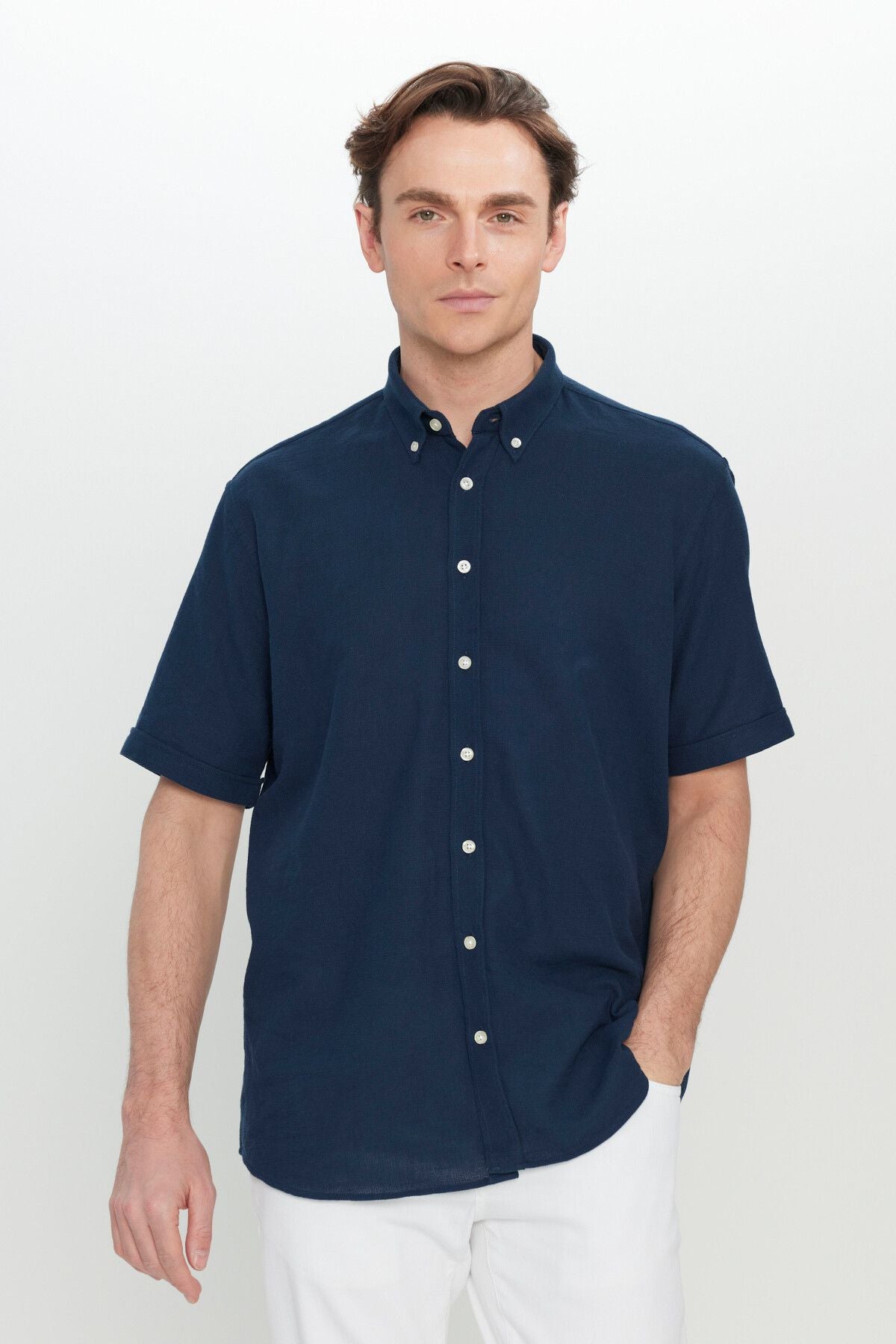 Men's Navy Blue 100 %Cotton Comfort Fit Fit Fit cut buttoned shirt collar Amesty shirt