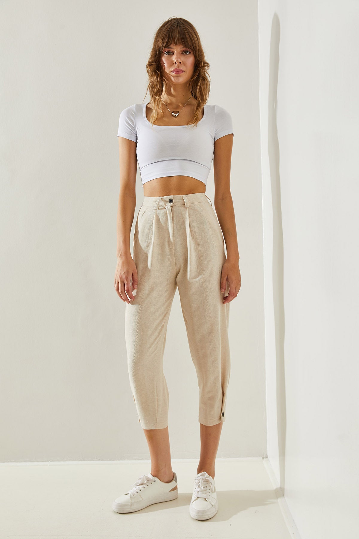 Women's Button Detailed Linen Textured Trousers 60251262