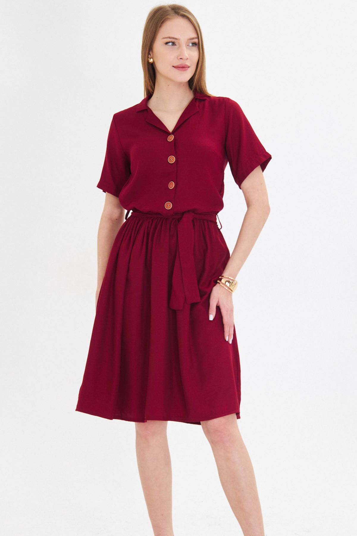 Female Bordeaux front buttoned waist shirred belt midi size dress ARM-24Y001068