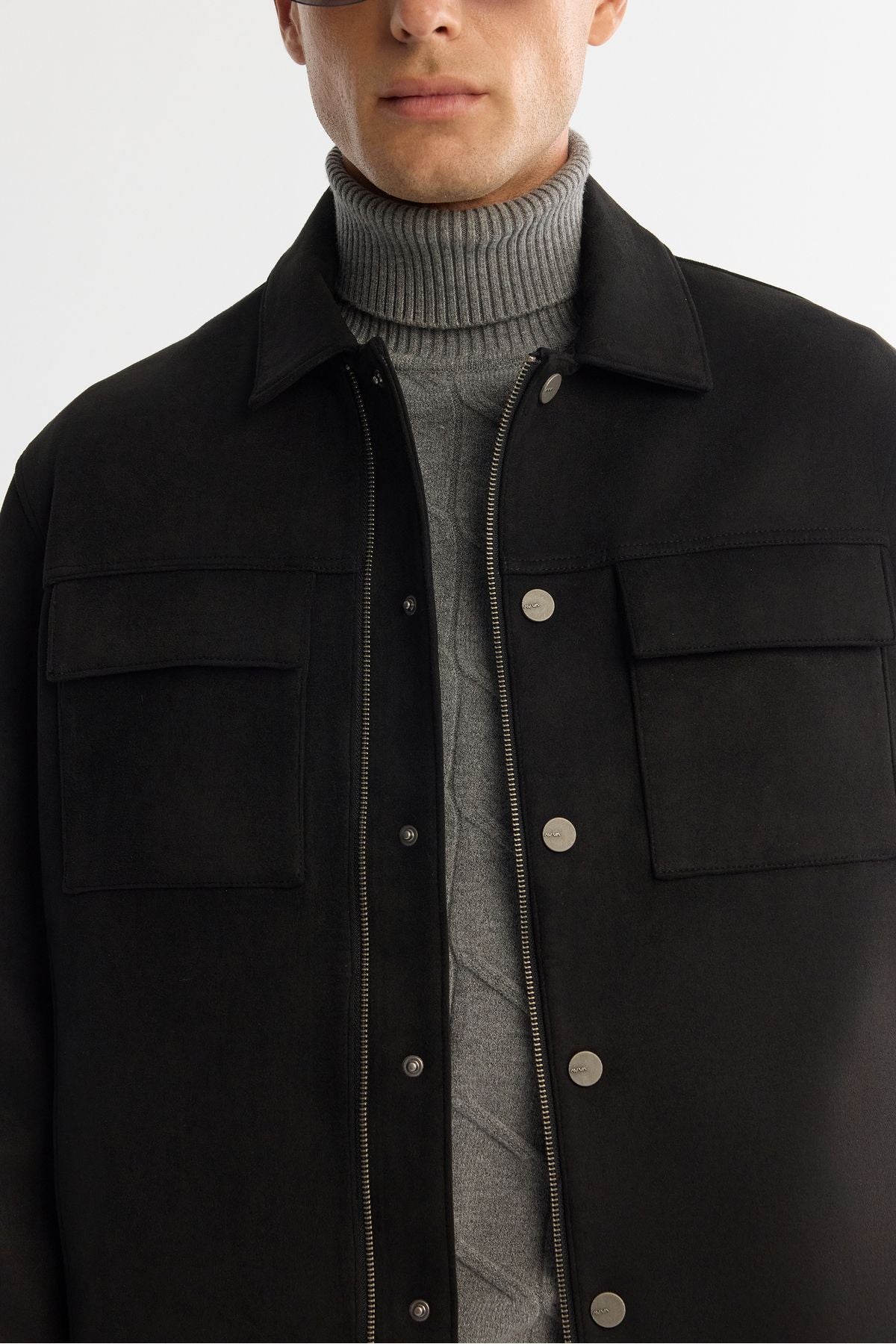 Men's black classic collar front zipper and snap closure Ince Mont A42y6077