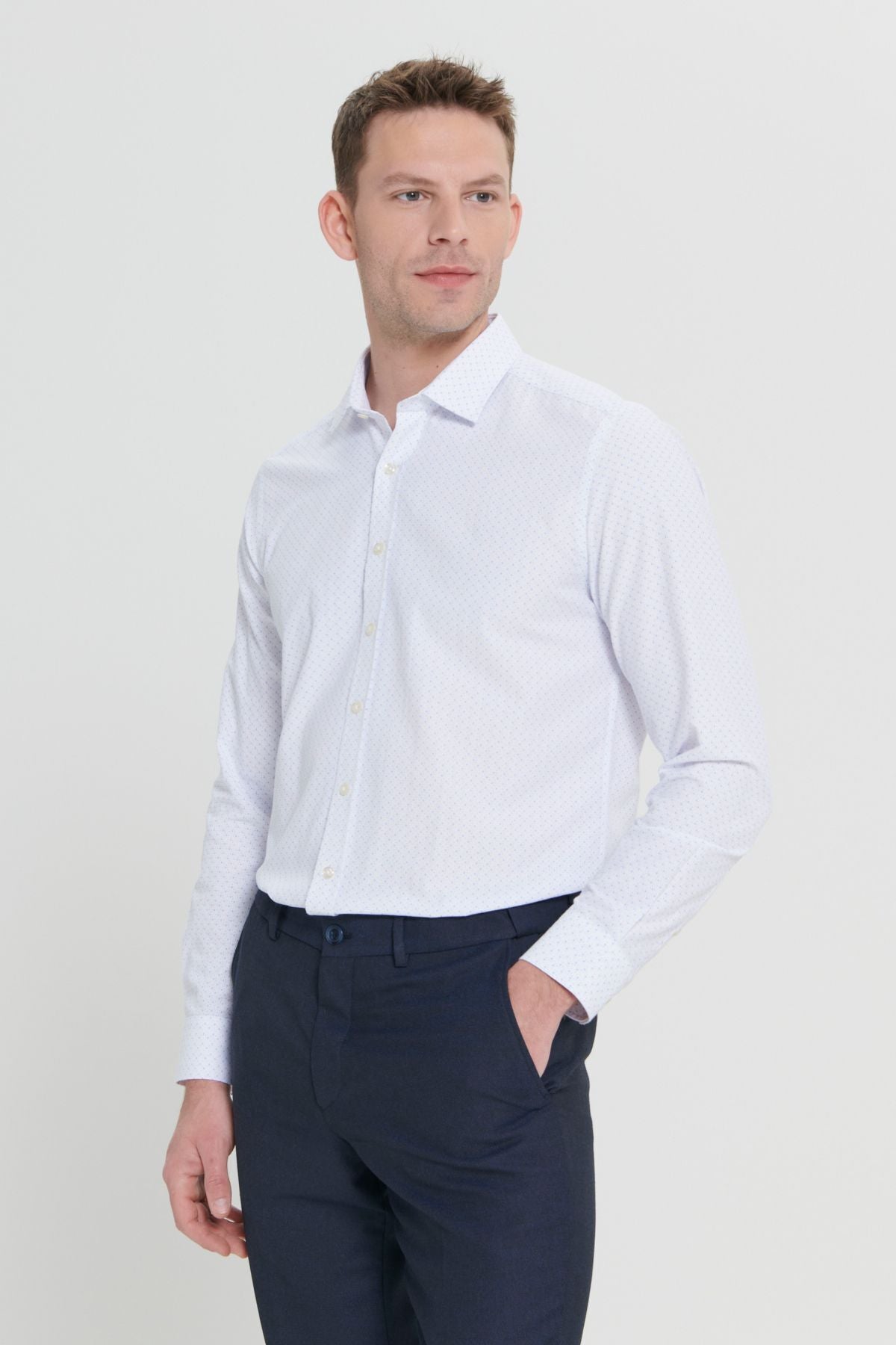 Men's white-blue slim fit narrow cut classic collar cotton Cotton Amelor Shirt
