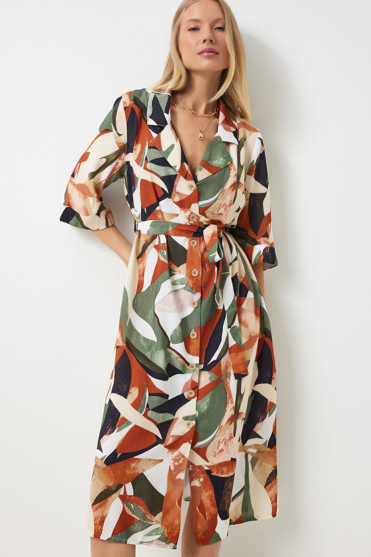 Female Khaki Tile Patterned Summer Viscose Shirt Dress MX00166