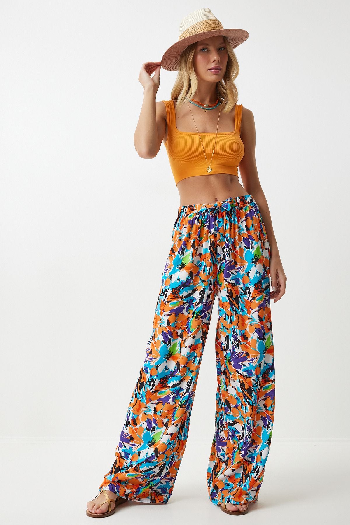 Woman Sky Blue Orange Patterned Viscose Palazzo Pants EN00606