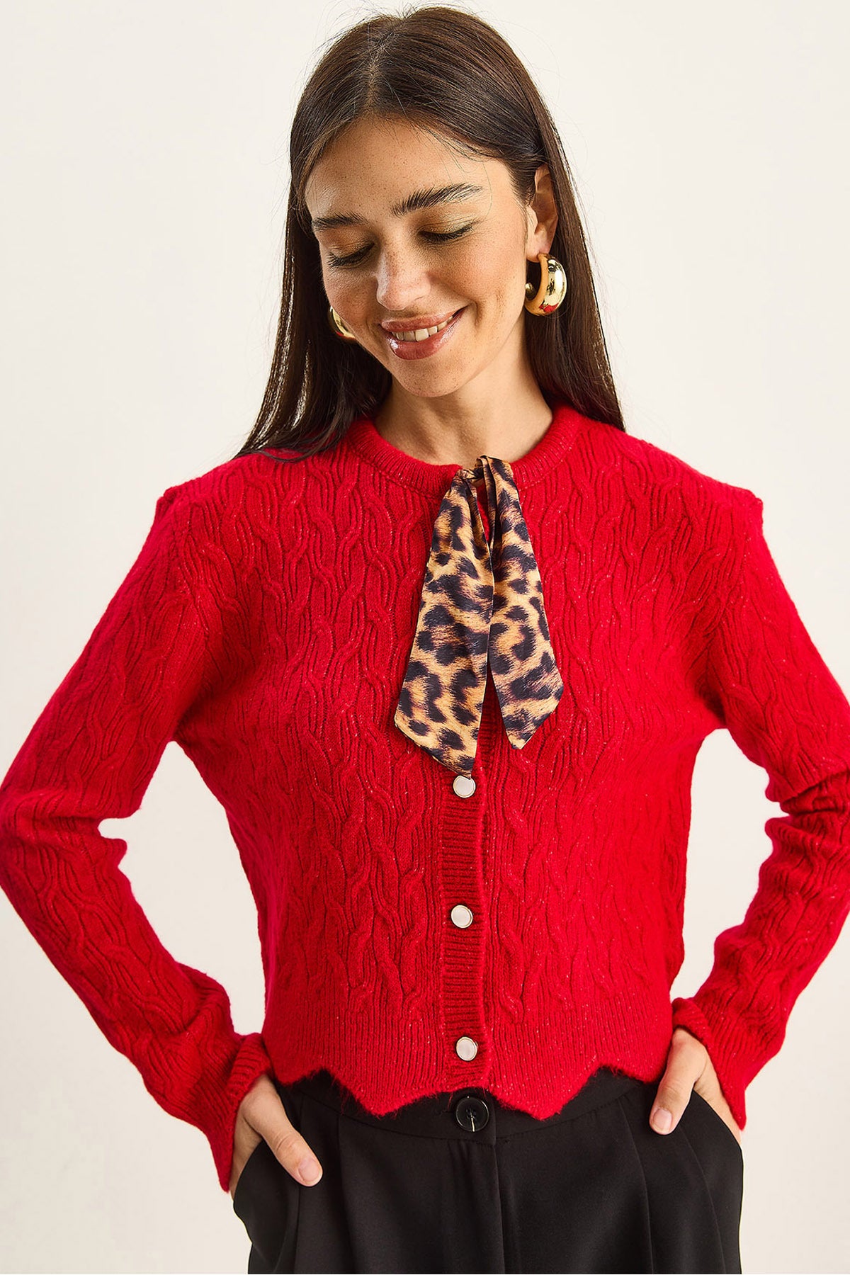 Women's Braided Scarf Detailed Buttoned Cardigan TH241026 60251873