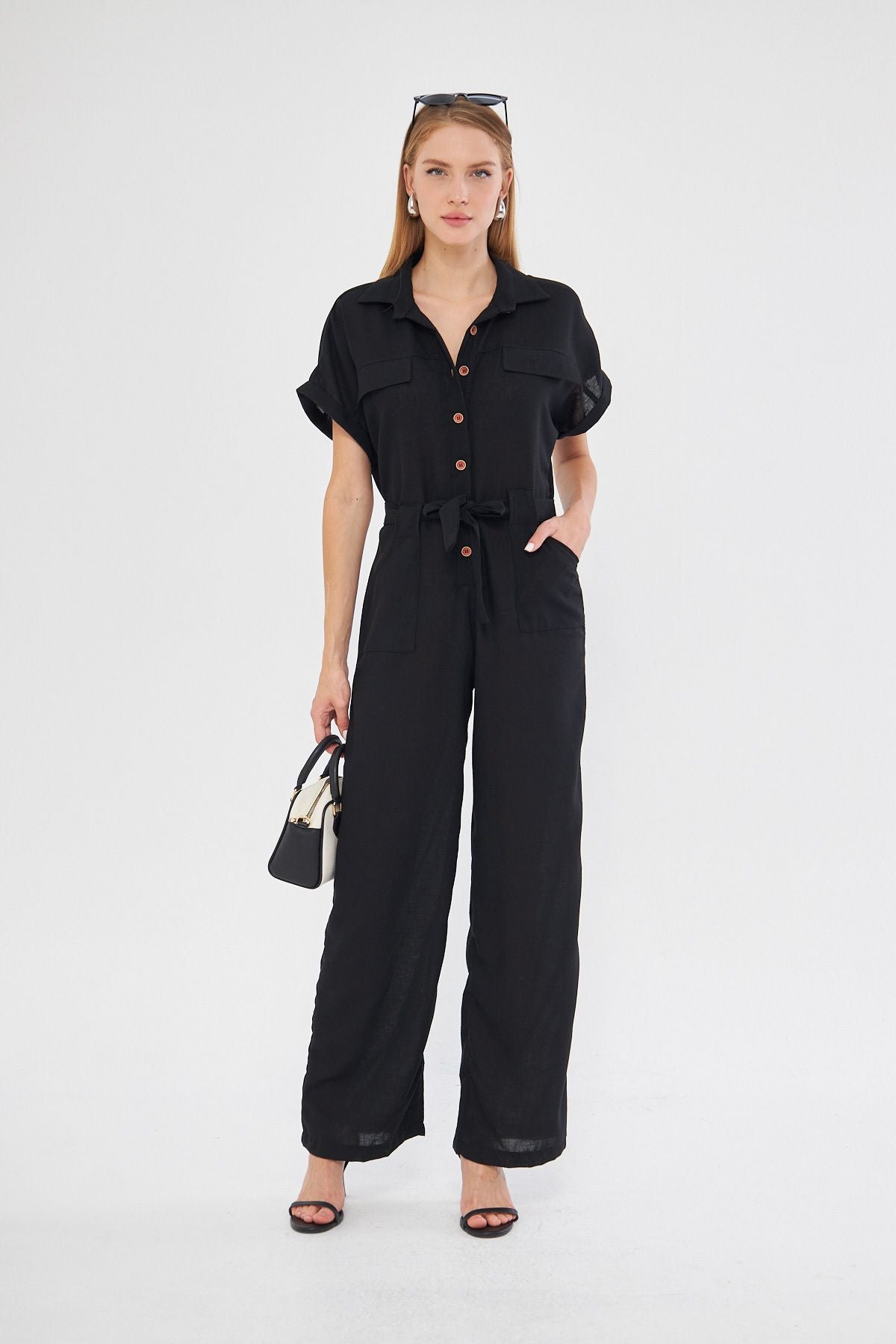 Female Black Front Buttoned Waist Belly Pocket Bat Arm Palazzo Tulum ARM-24Y001105