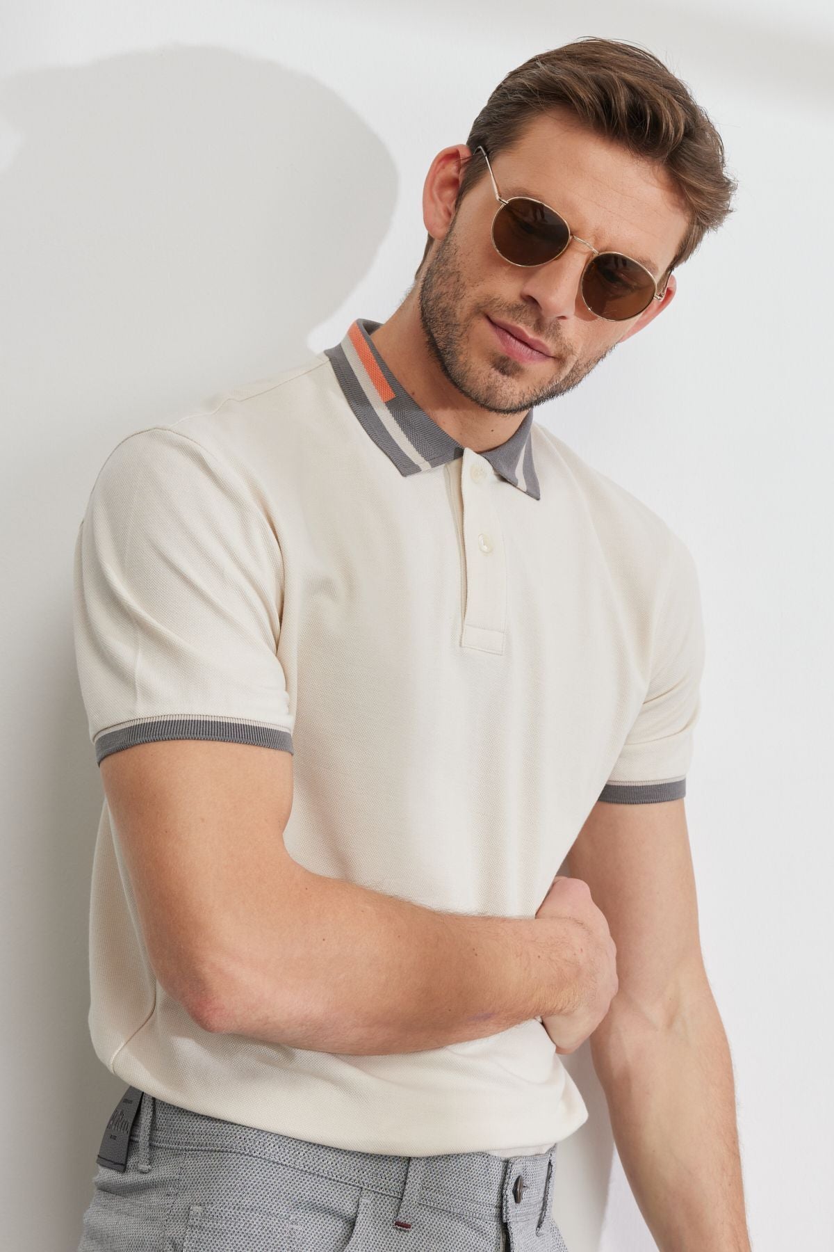 Men's Beige Slim Fit Narrow Cutting 100 %Cotton Curiated Polo Yaka T -shirt