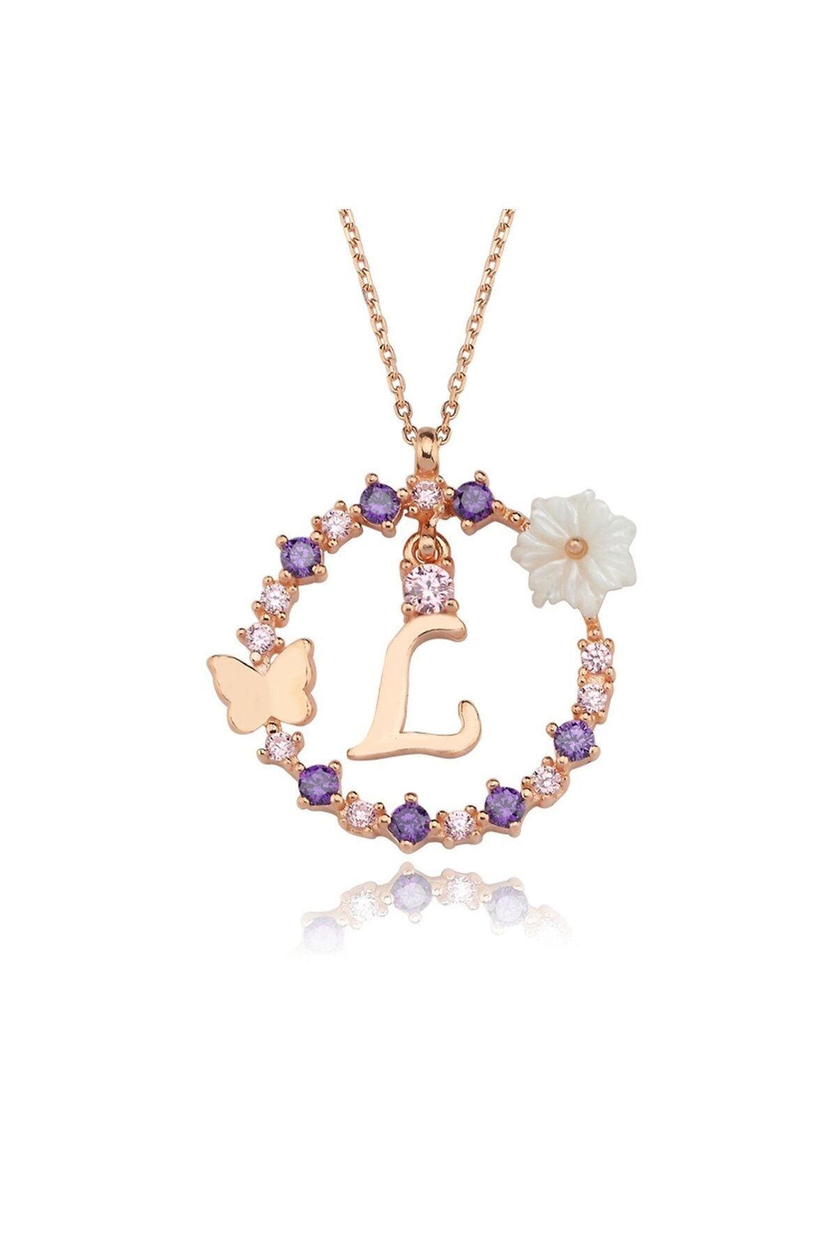 Magnolia Flower Dreams Glitter 14k Rose Gold L Letter Women Necklace