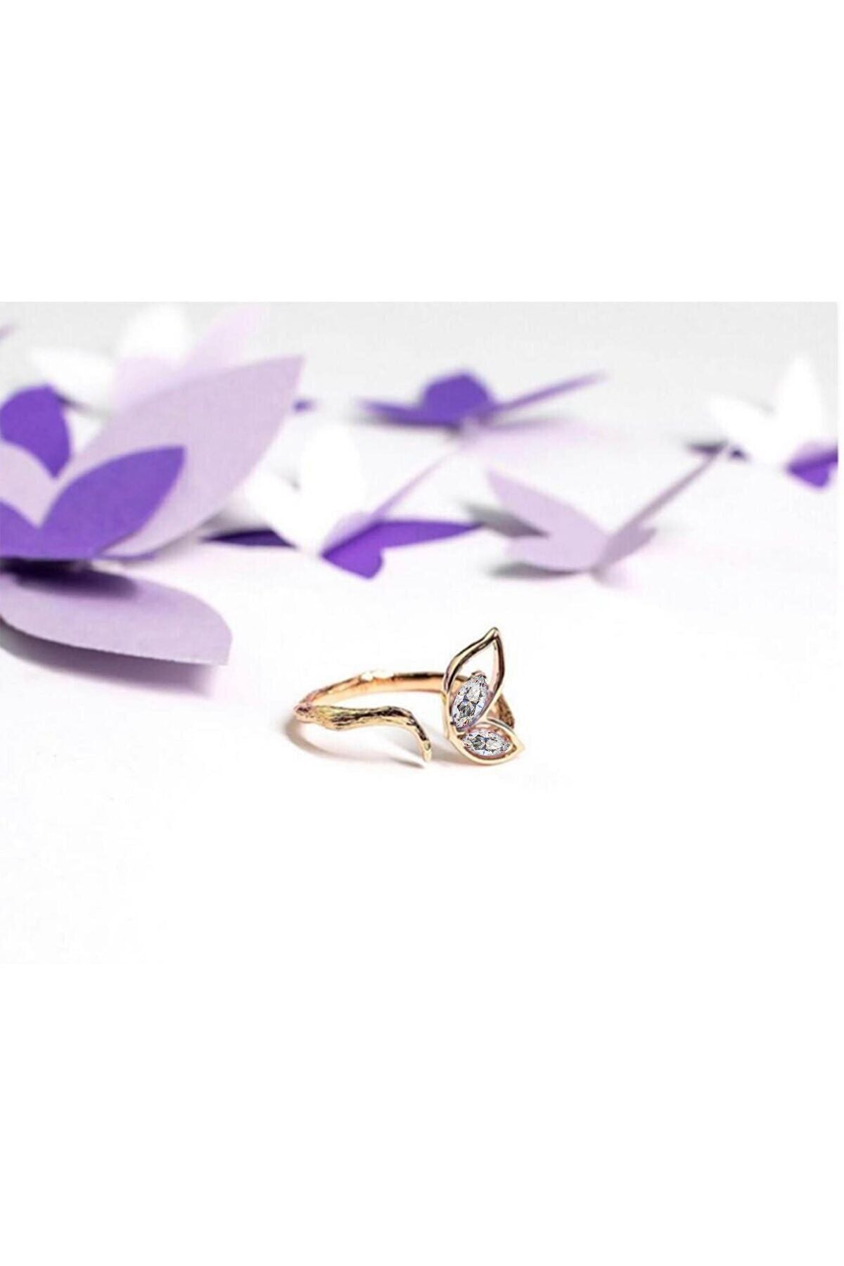 14K Rose gold plated adjustable size female ring with white stone wings motif