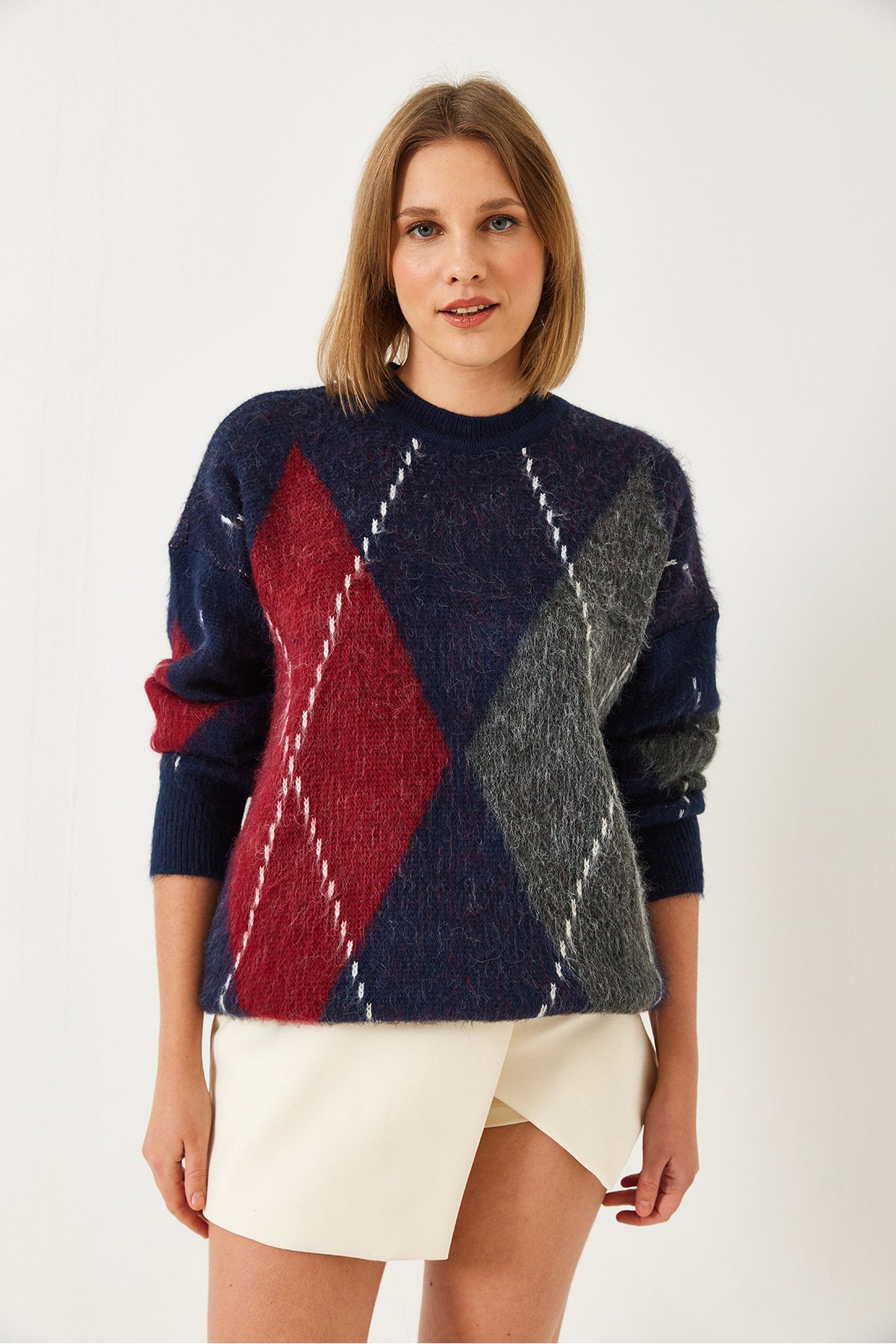 Women's Diamond Patterned Oversize Knitwear Sweater 60351284