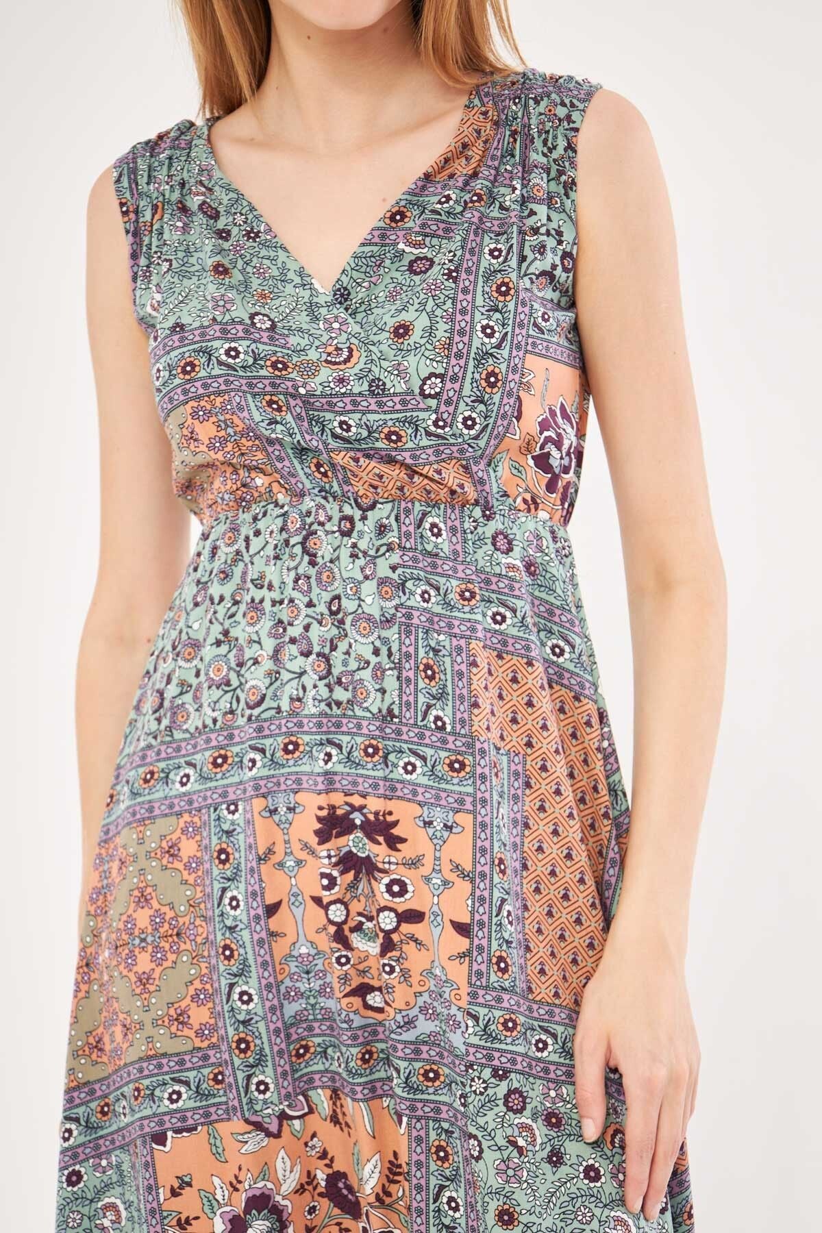 Female Salmon Patterned Waist and Shoulder Cruve Cruve Midi Boy Dress ARM-24Y001052