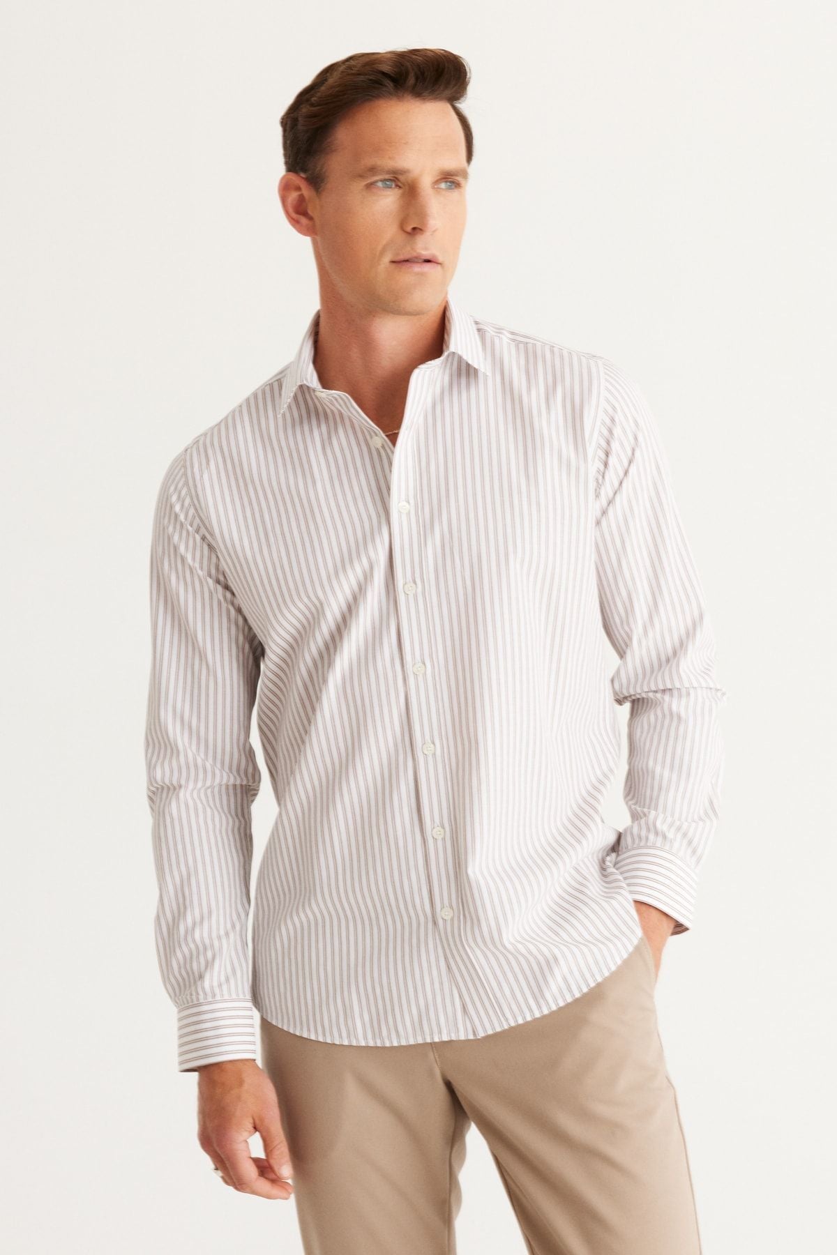 Men's White-Kahve Slim Fit Narrow Cutting Buttoned Neck Cotton Striped Shirt
