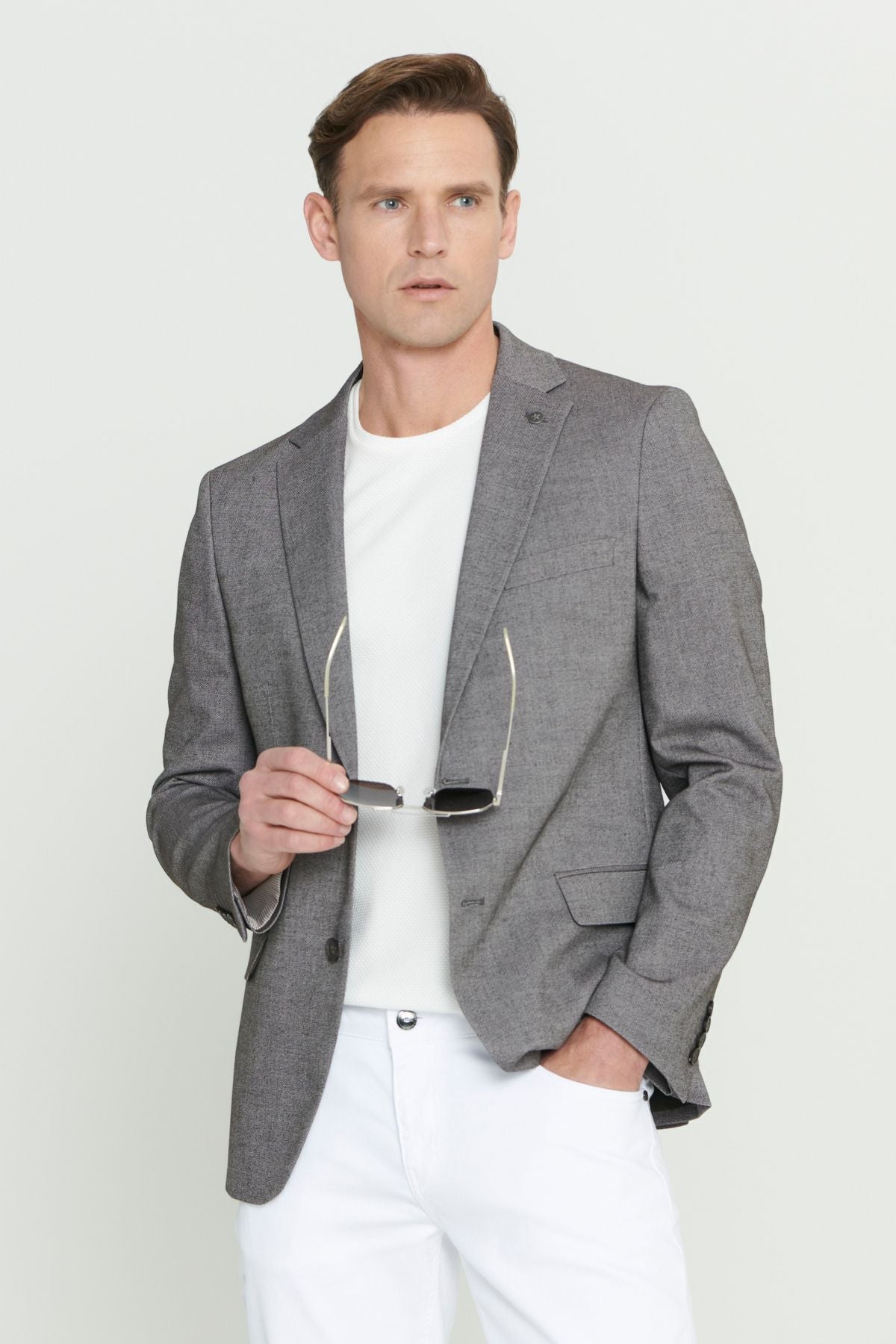 Men's brown slim fit narrow cutting mono collar pattern blazer jacket