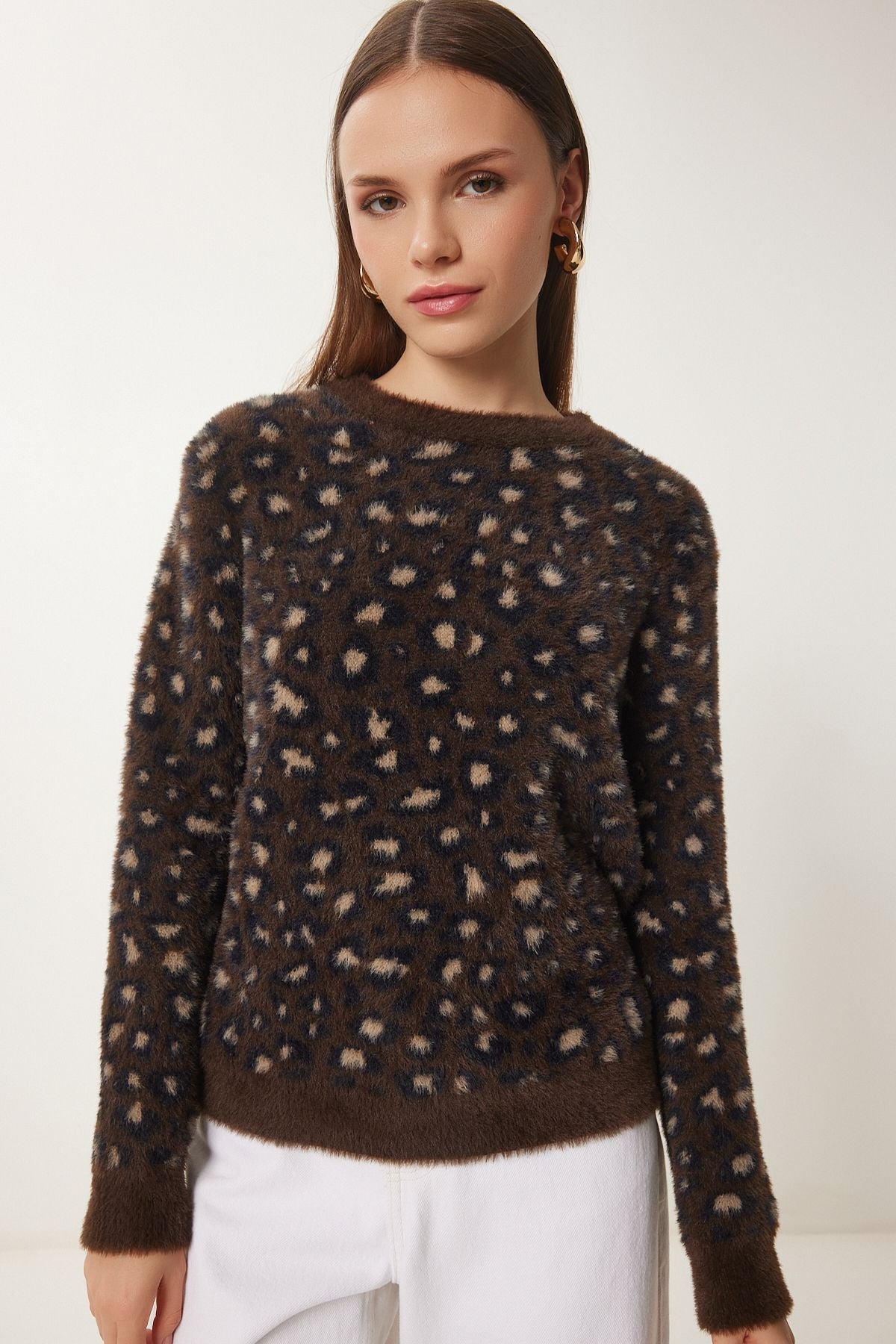 Female Brown Black Leopard Patterned Beard Knitwear Sweater PF00106