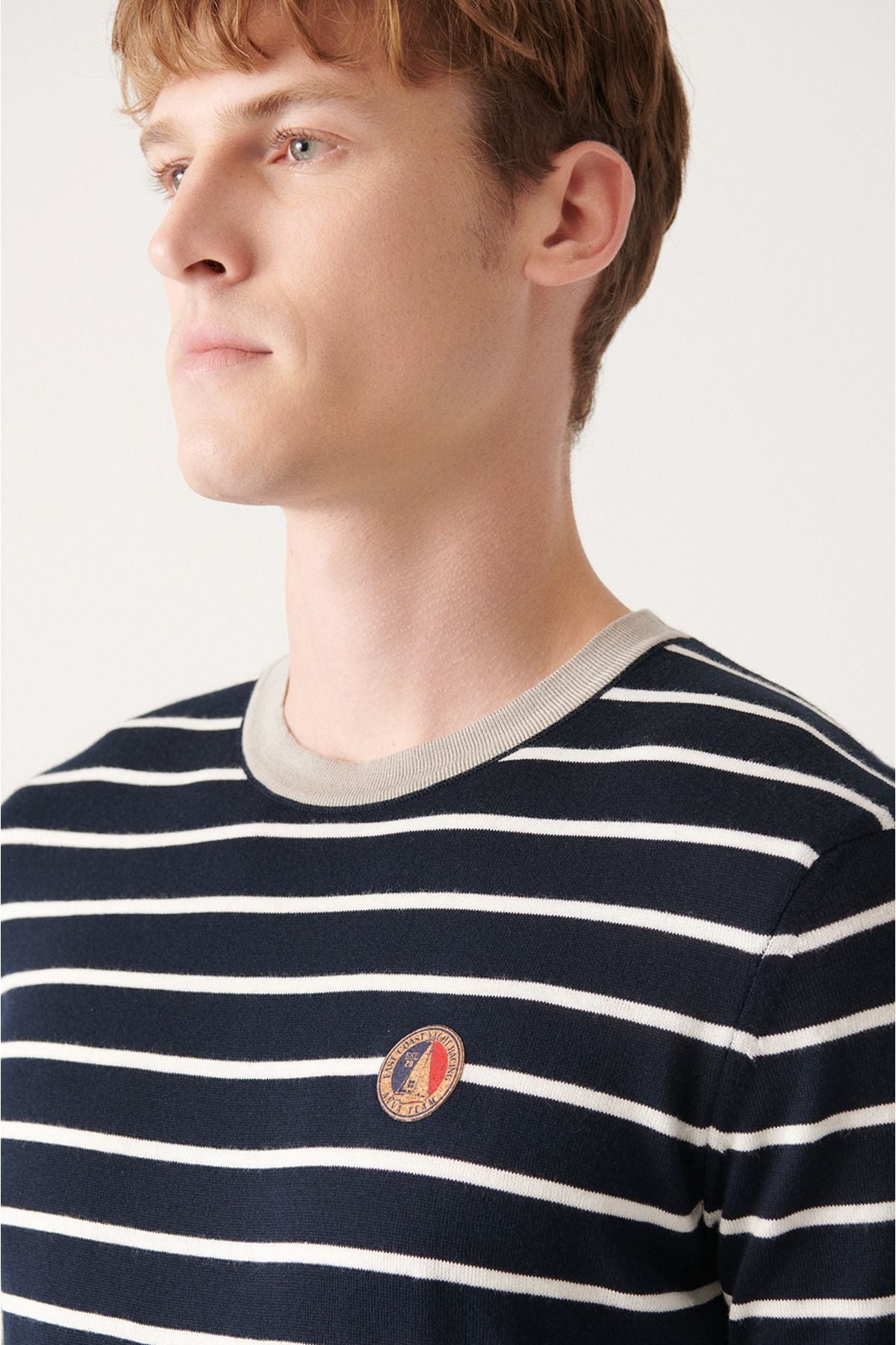 Men's navy blue cotton bike collar striped knitwear T-shirt A31y5032